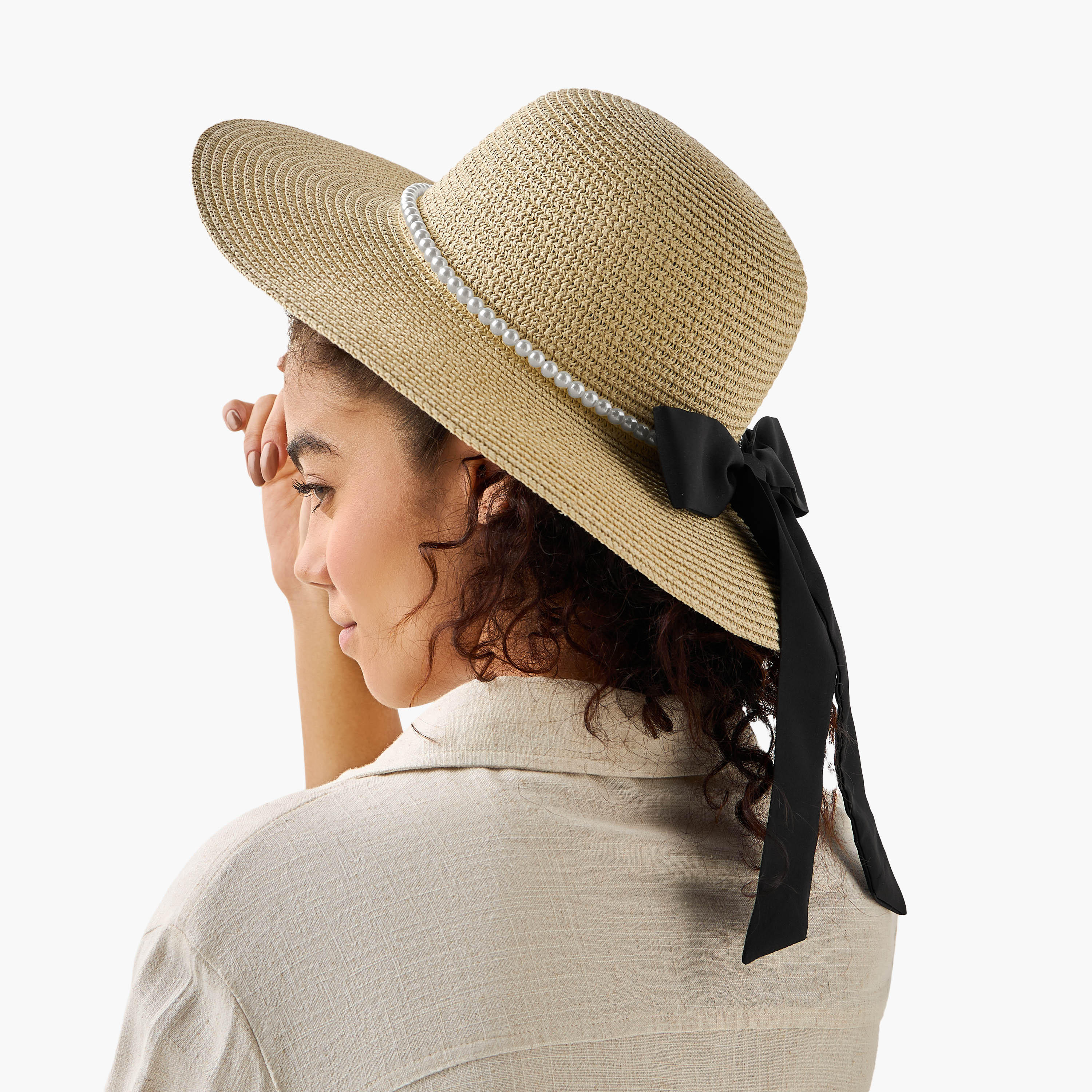قبعة شاطئ بقصة لؤلؤ وفيونكة بارزة الملمس-women-clothingaccessories-capsandhats-image-8