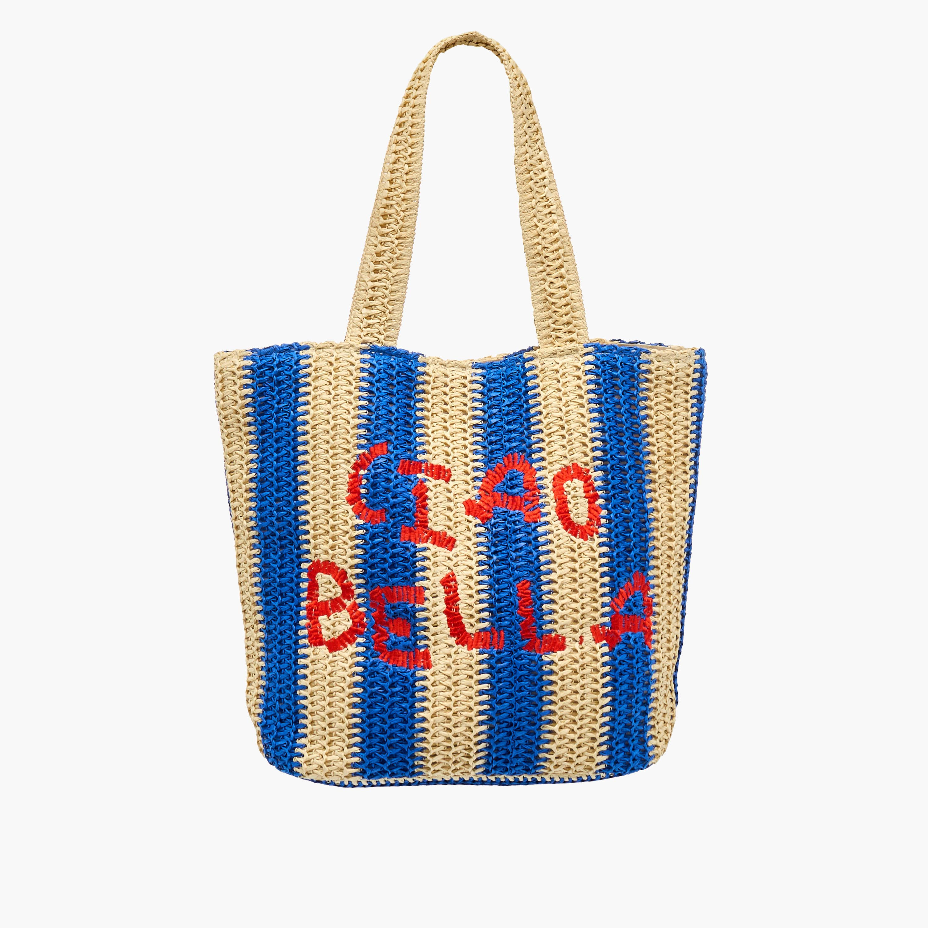 Striped Slogan Embroidered Tote Bag with Double Handles-women-bagsandwallets-handbags-image-1