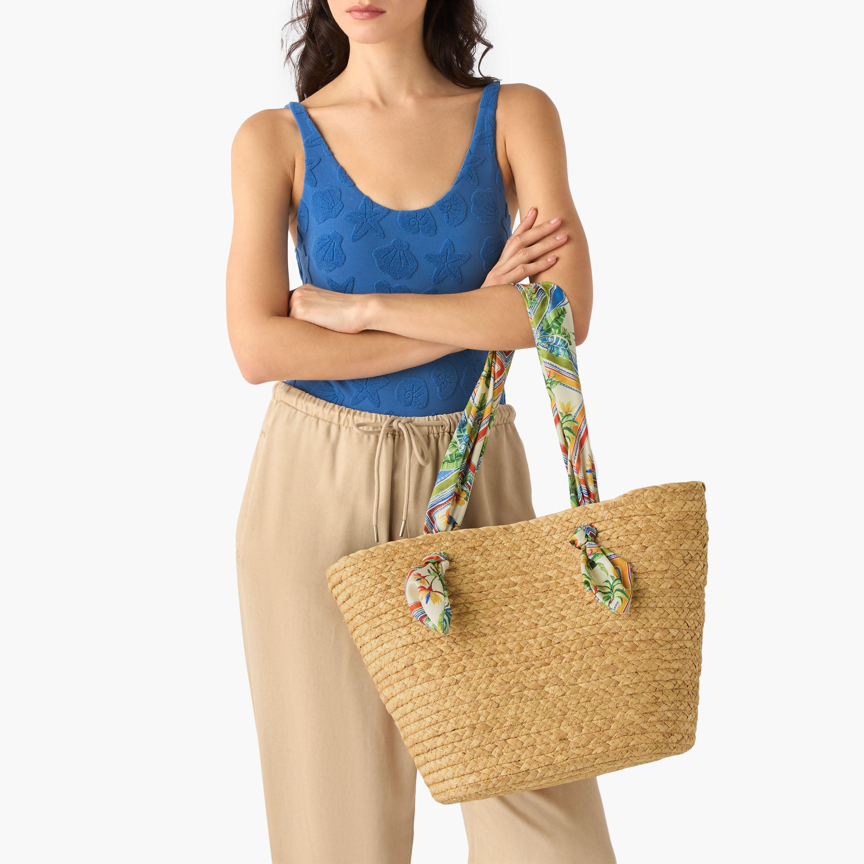 Textured Tote Bag with Scarf Handle-women-bagsandwallets-handbags-image-2