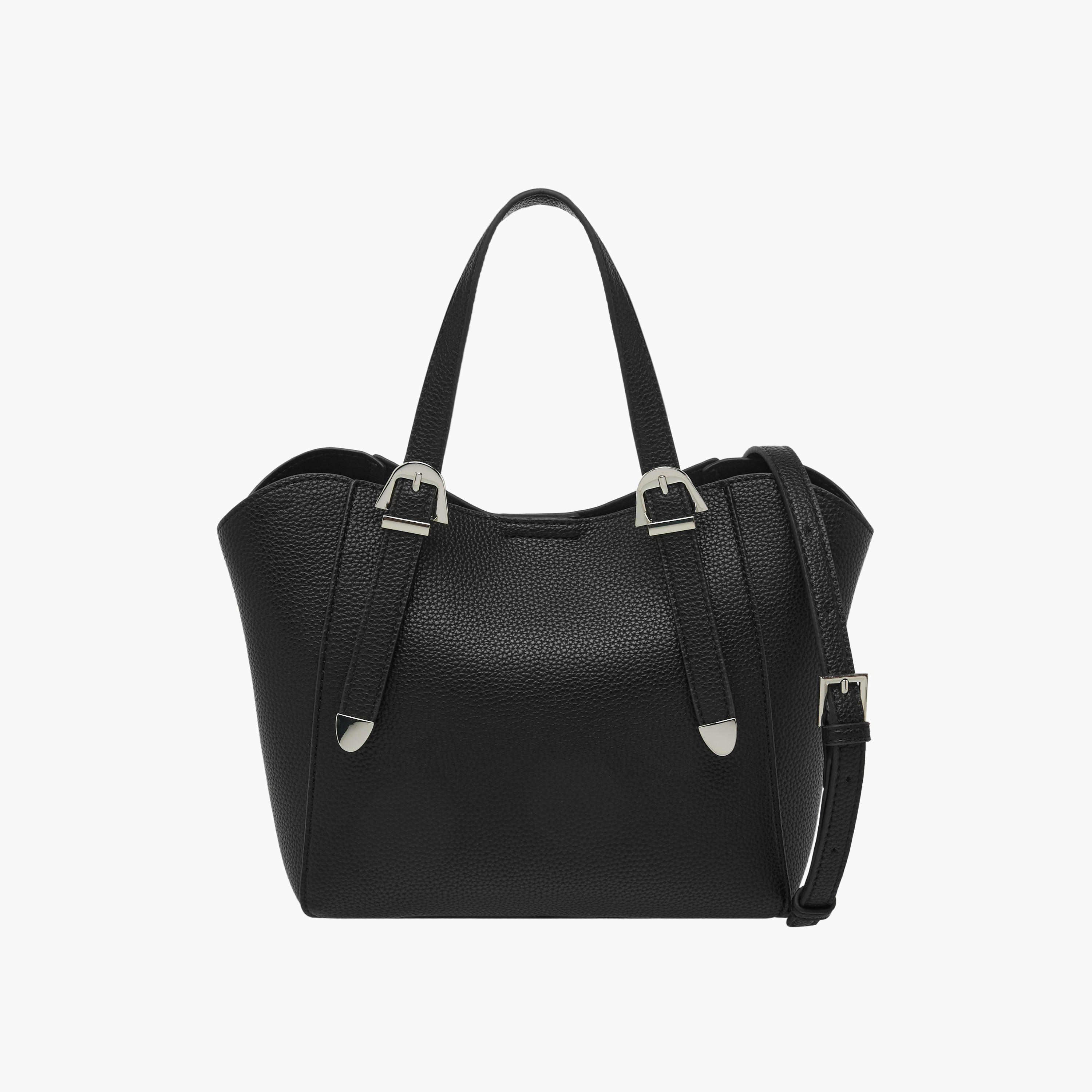 Textured Buckle Detail Tote Bag with Detachable Strap-women-bagsandwallets-handbags-image-1