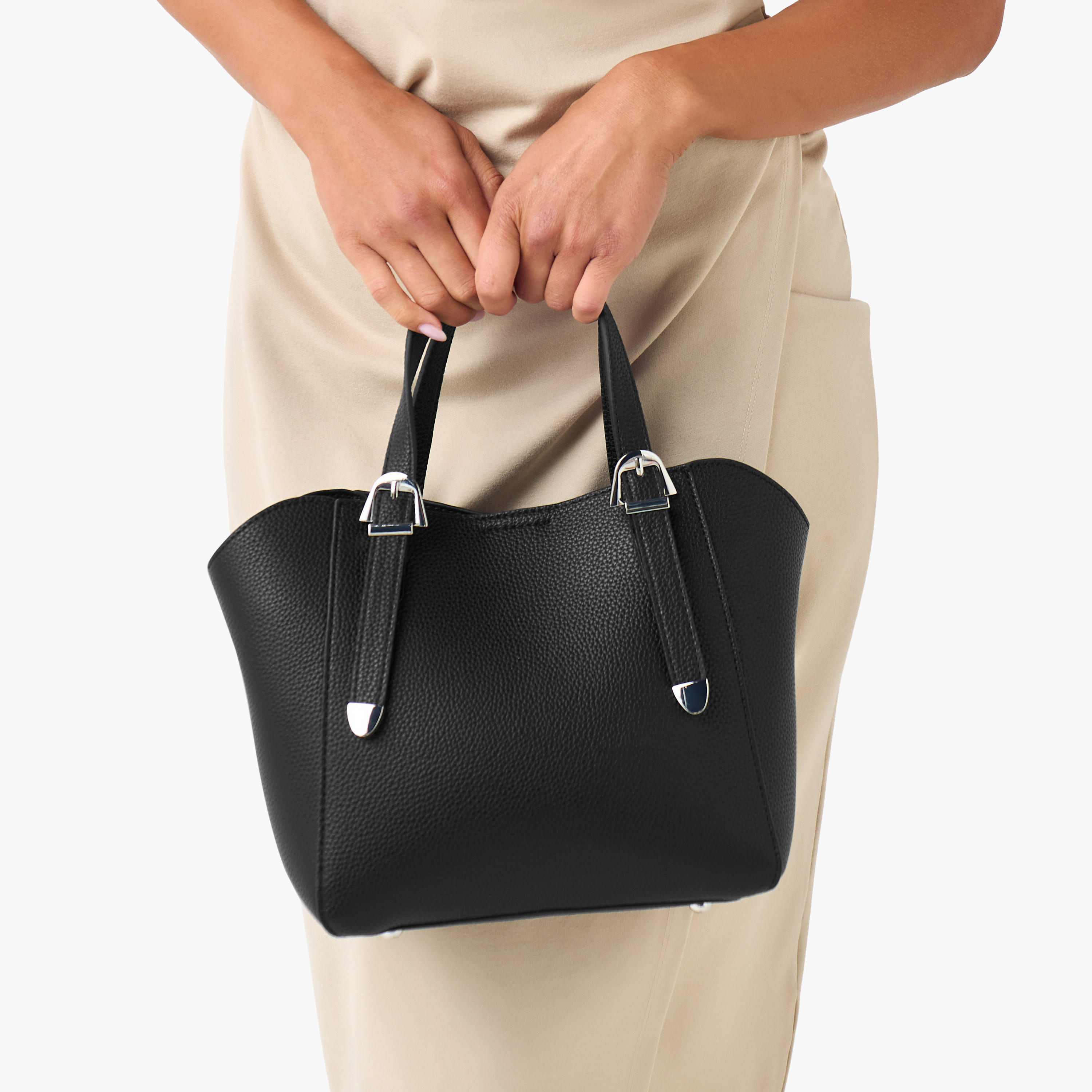 Textured Buckle Detail Tote Bag with Detachable Strap-women-bagsandwallets-handbags-image-2