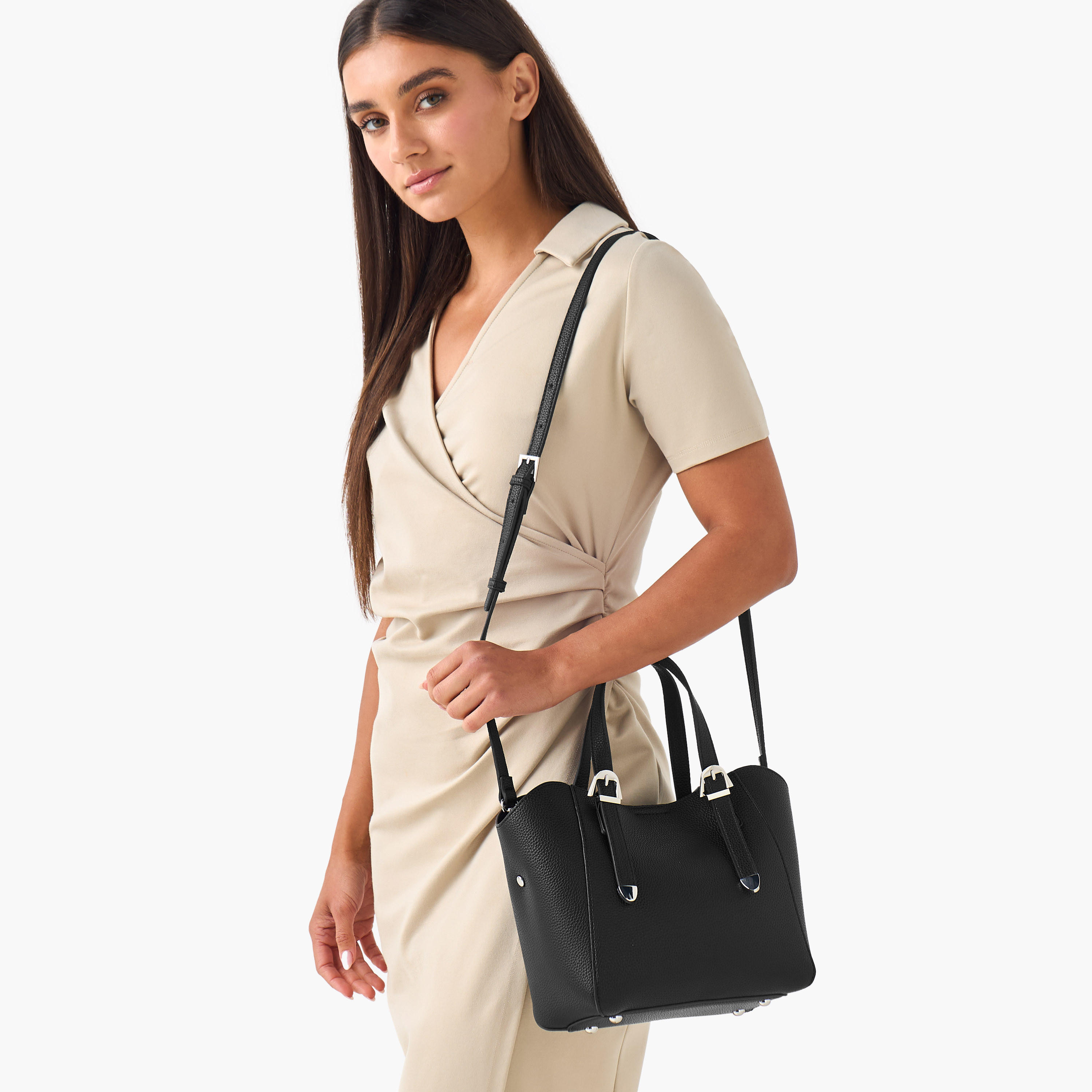 Textured Buckle Detail Tote Bag with Detachable Strap-women-bagsandwallets-handbags-image-8