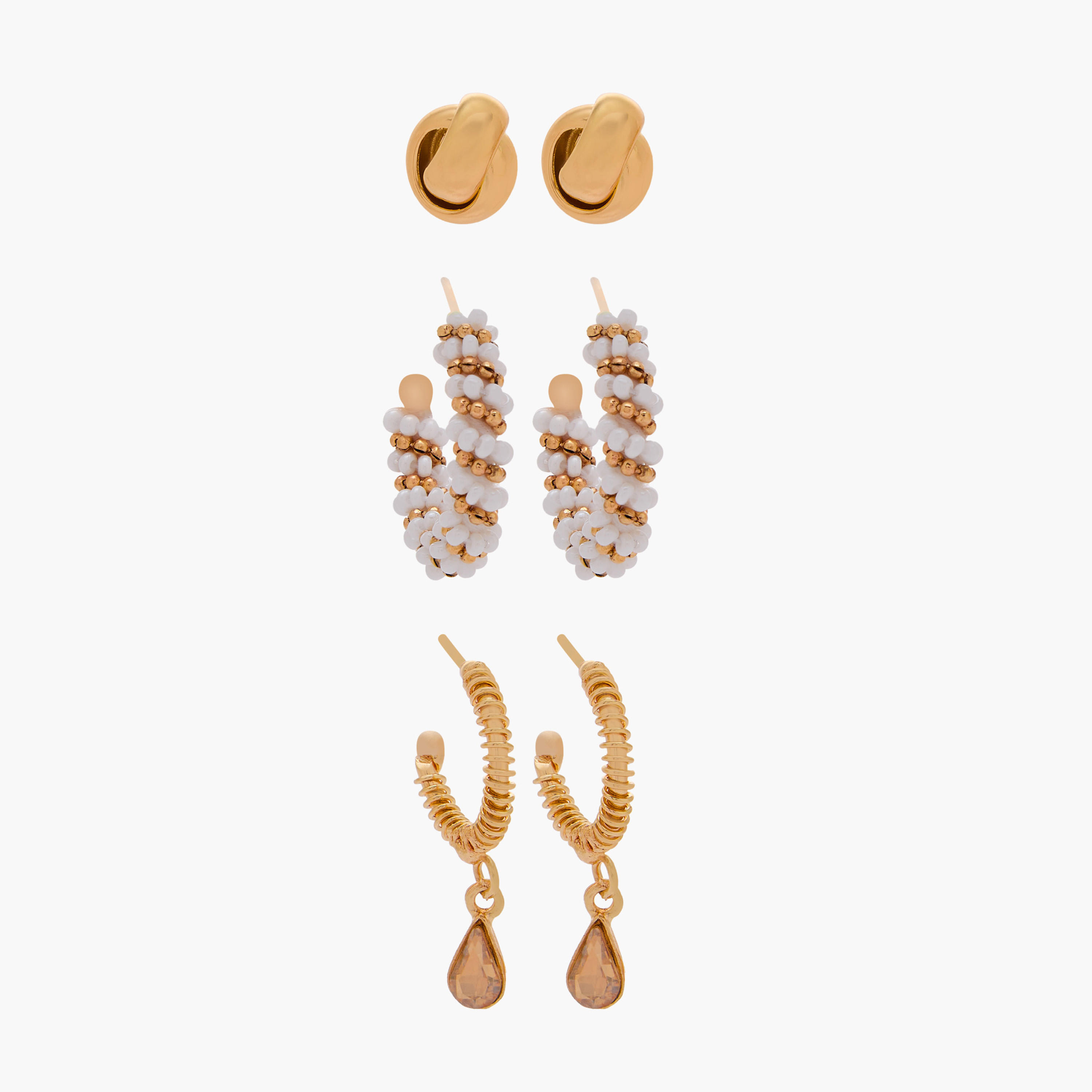 طقم أقراط ذهبية بمكبس إغلاق خلفي 3 أزواج متنوعة-women-watchesandjewellery-jewellery-earrings-image-1