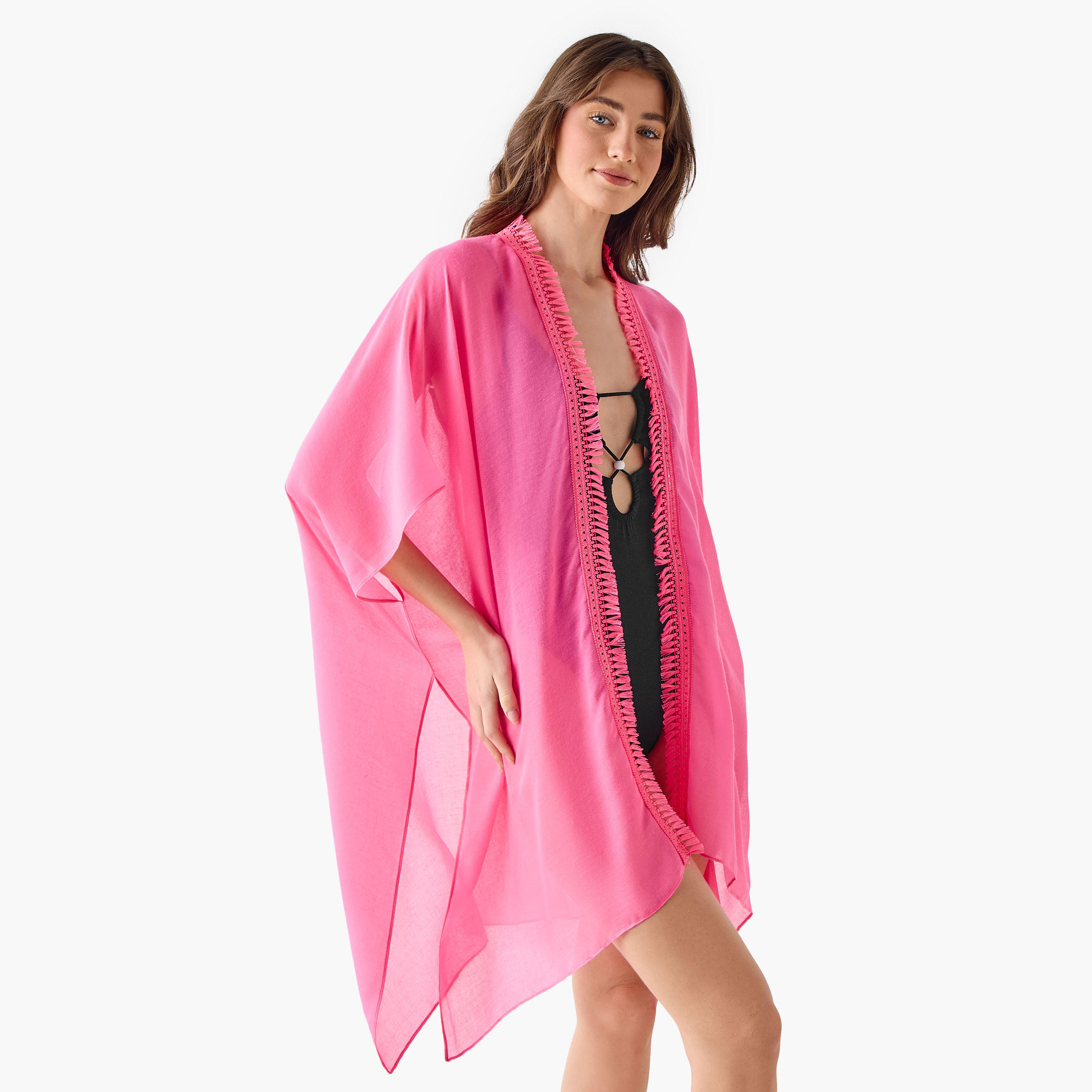غطاء شاطئ وردي أنيق مزين بشراشيب-women-clothing-swimandbeach-coverups-image-1