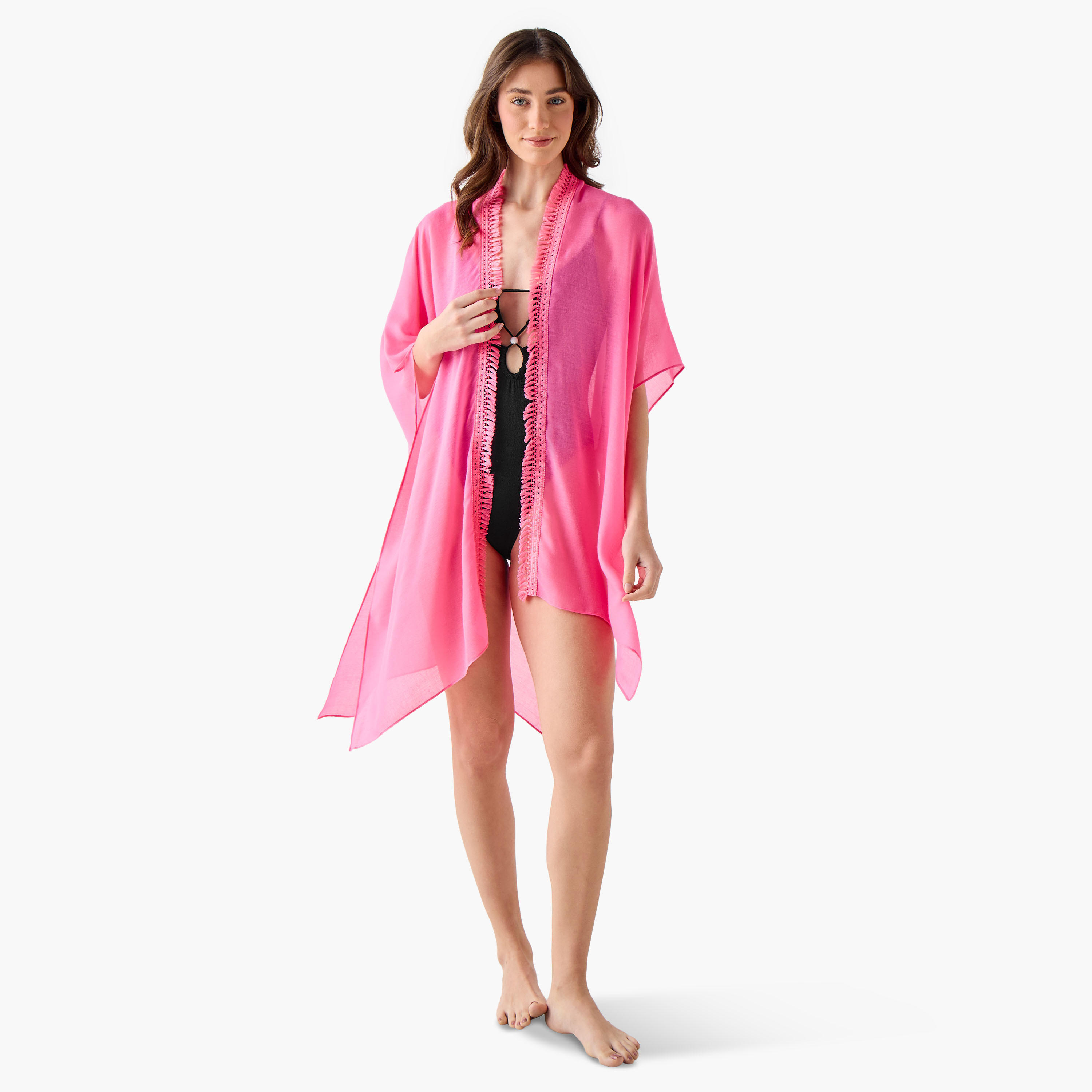 غطاء شاطئ وردي أنيق مزين بشراشيب-women-clothing-swimandbeach-coverups-image-2