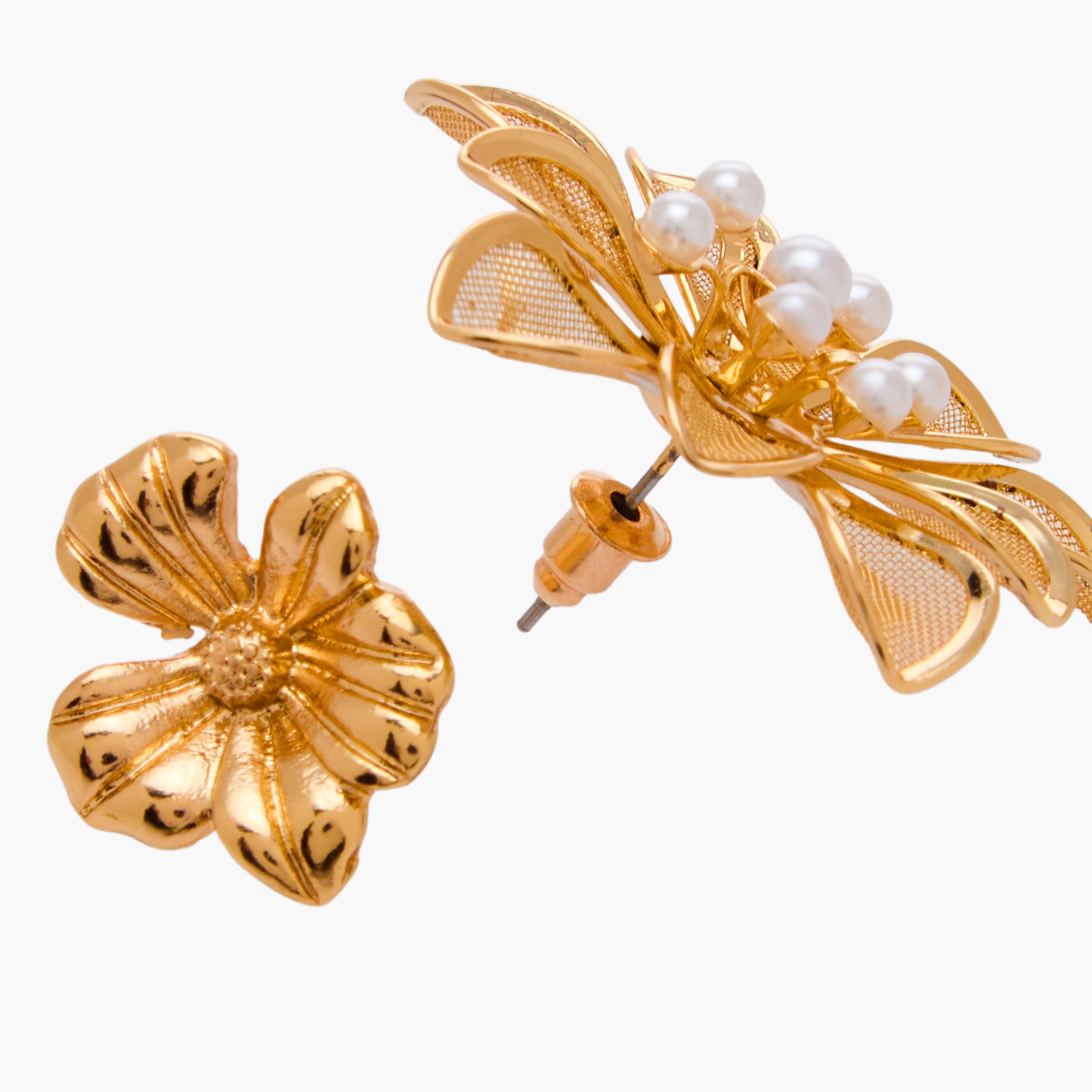 Pack of 2 Gold Tone Floral Stud Earrings with Pushback Closure-women-watchesandjewellery-jewellery-earrings-image-5