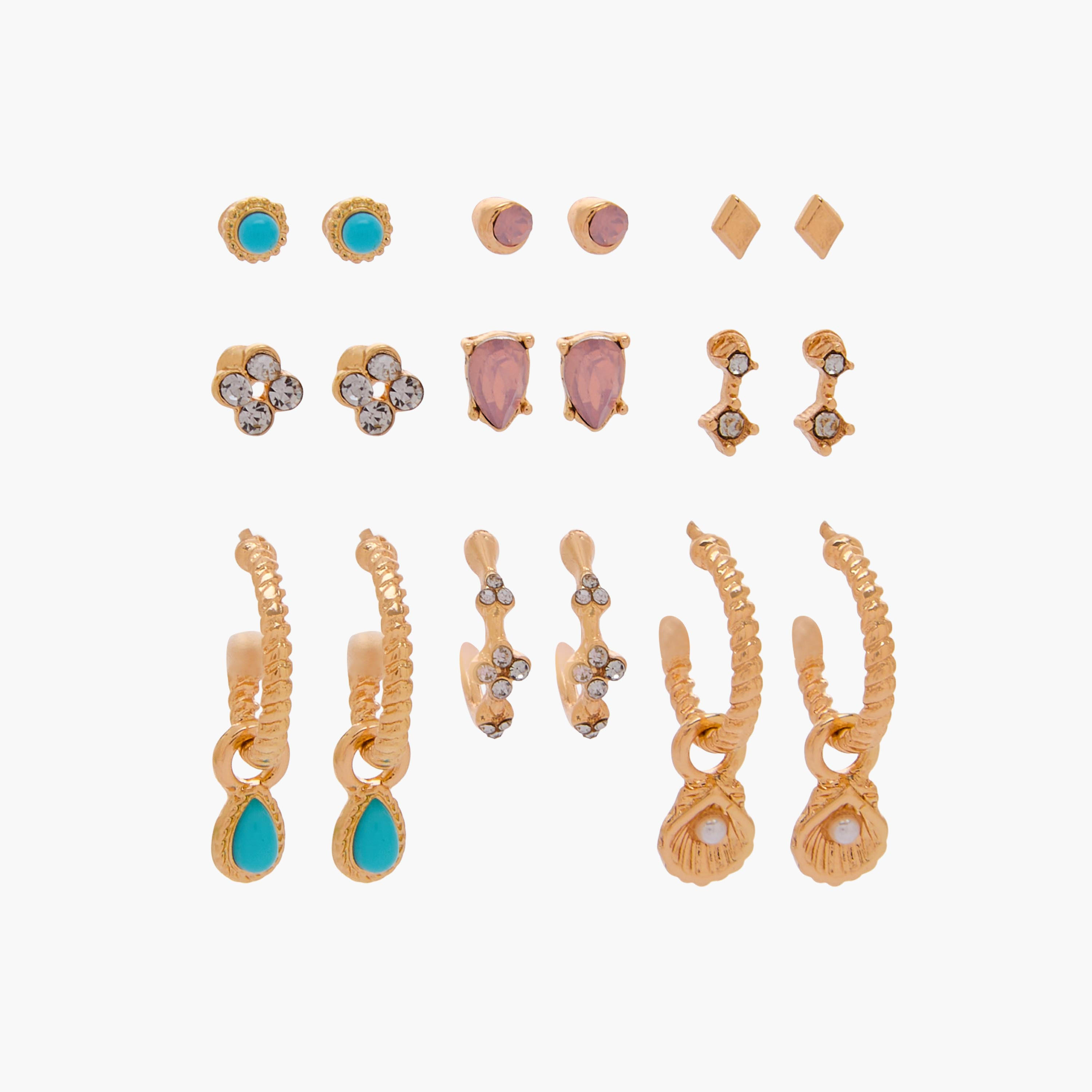 طقم من 9 - أقراط متنوعة بلون ذهبي ومكبس إغلاق-women-watchesandjewellery-jewellery-earrings-image-1