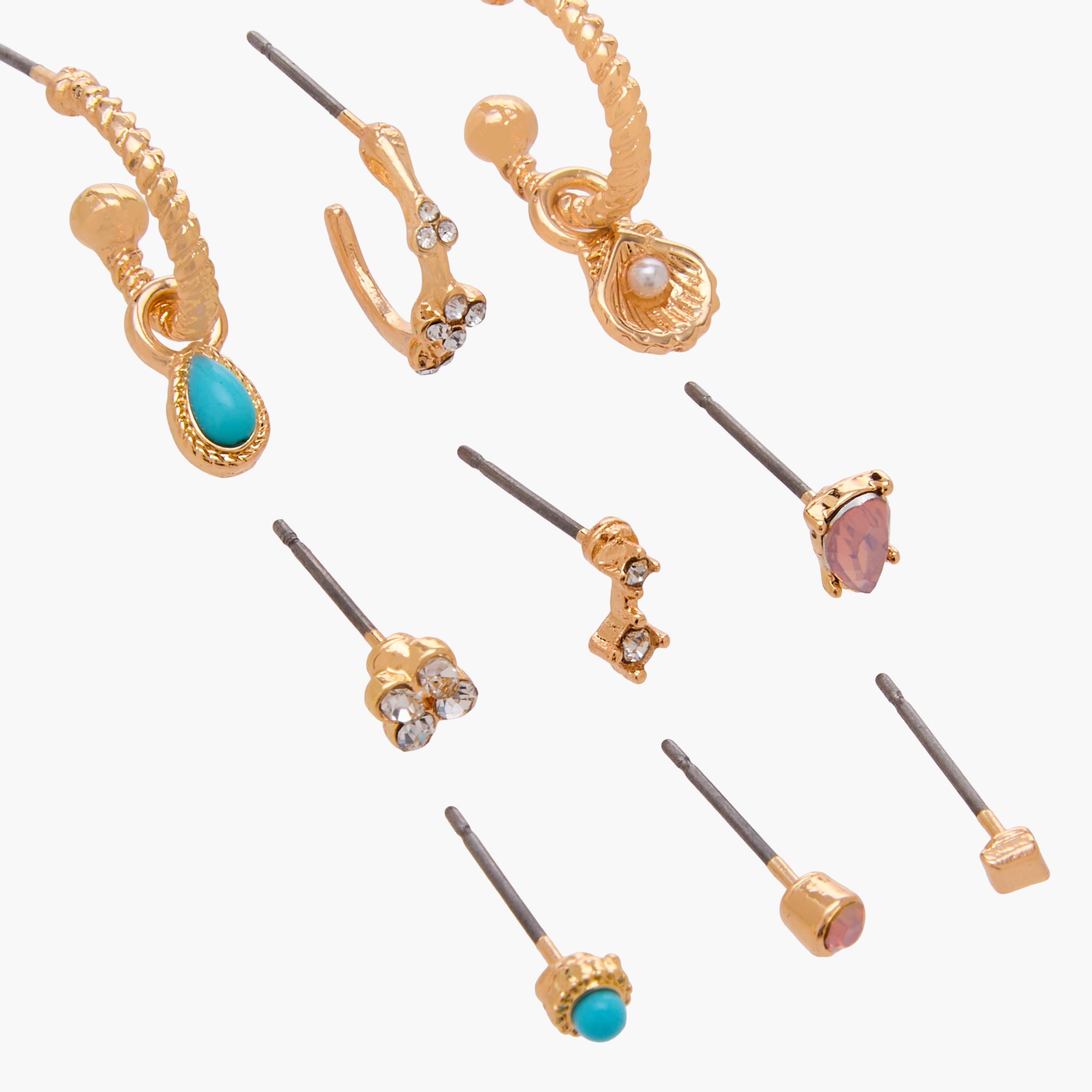 طقم من 9 - أقراط متنوعة بلون ذهبي ومكبس إغلاق-women-watchesandjewellery-jewellery-earrings-image-4
