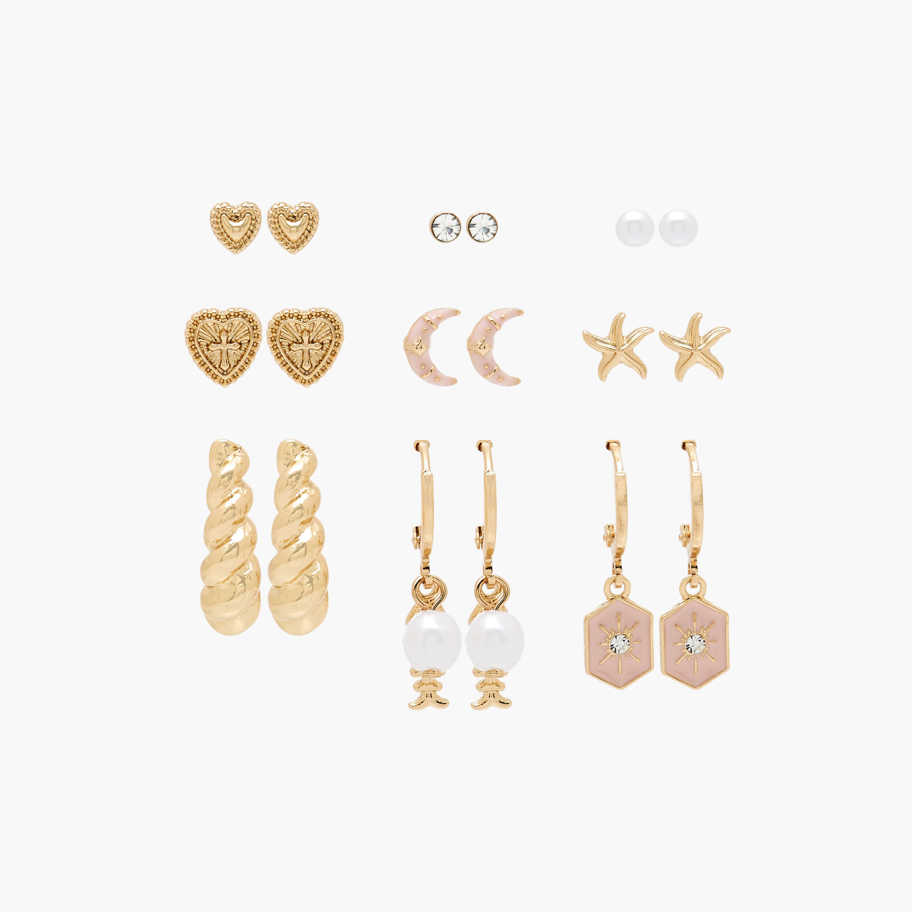 Pack of 9 Gold Tone Assorted Earrings with Pushback Closure-women-watchesandjewellery-jewellery-earrings-image-1