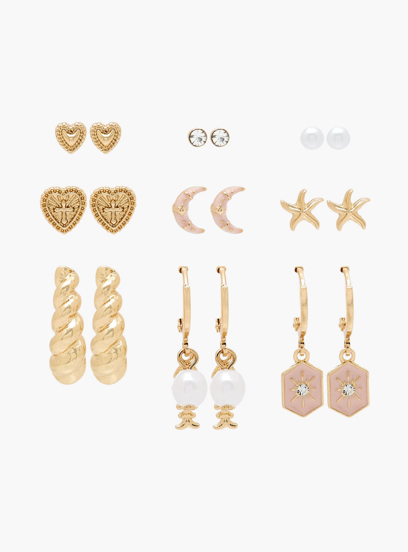 Pack of 9 Gold Tone Assorted Earrings with Pushback Closure-women-watchesandjewellery-jewellery-earrings-image-1