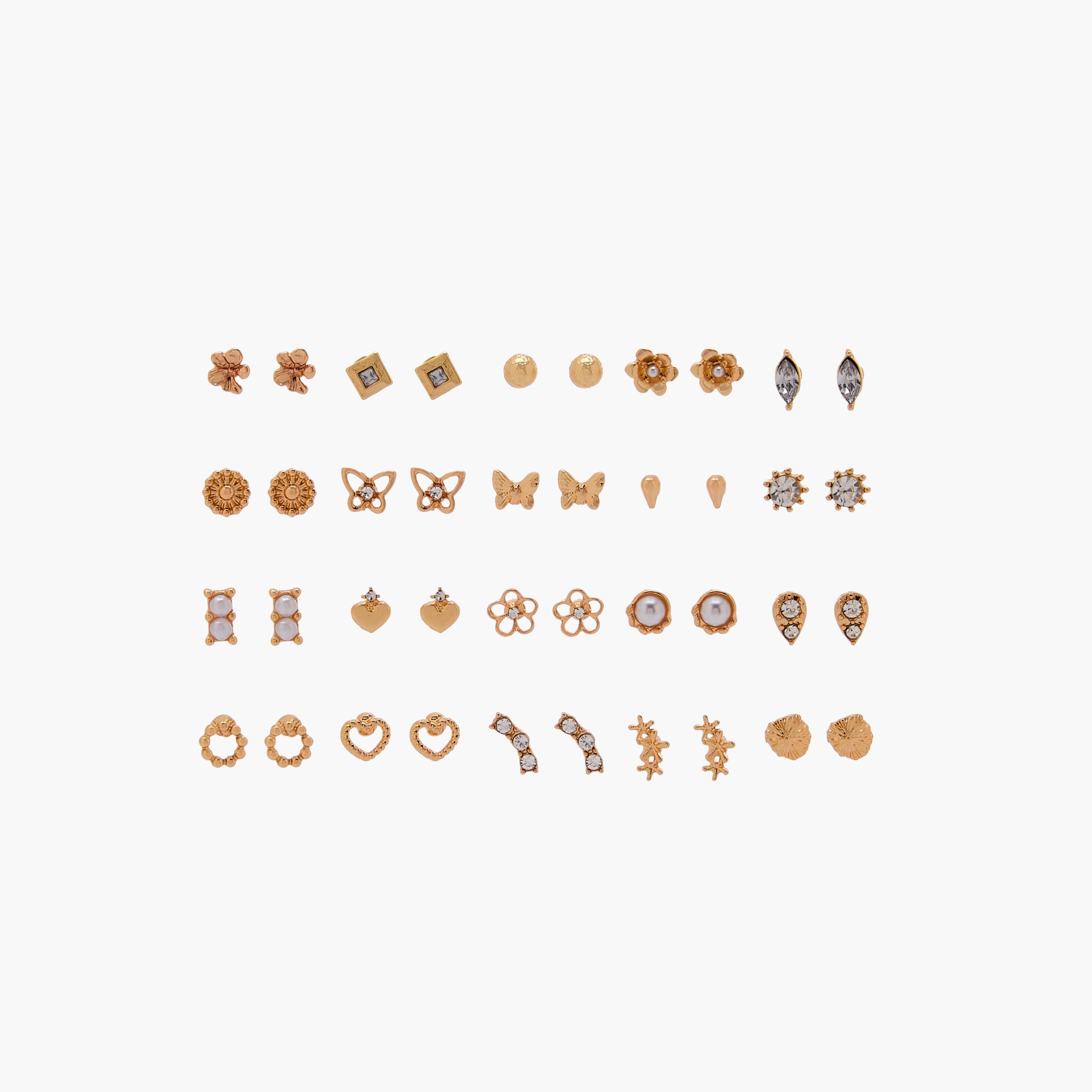 Pack of 20 Gold Tone Assorted Stud Earrings with Pushback Closure-women-watchesandjewellery-jewellery-earrings-image-1