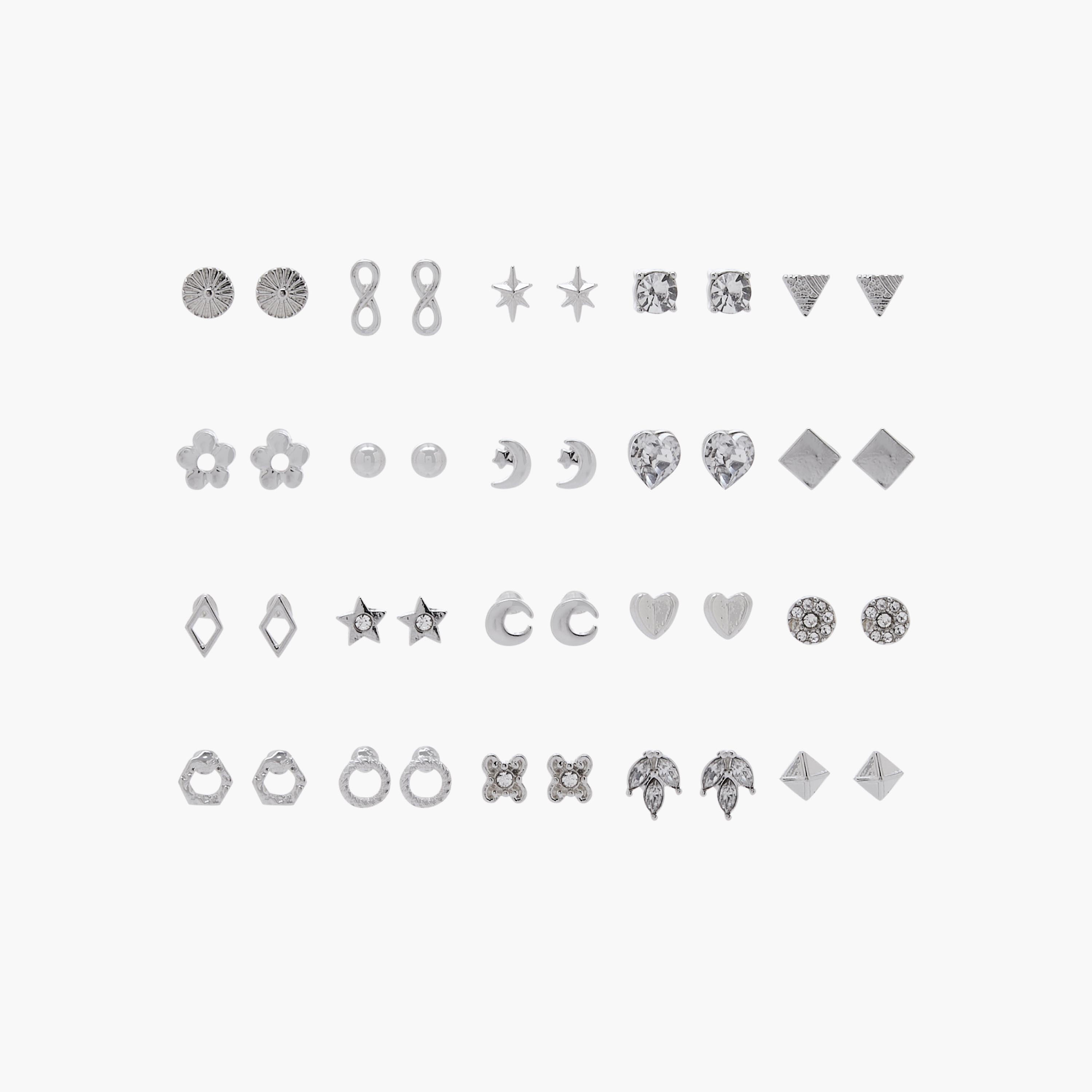 Pack of 20 Silver Tone Assorted Stud Earrings with Pushback Closure-women-watchesandjewellery-jewellery-earrings-image-1