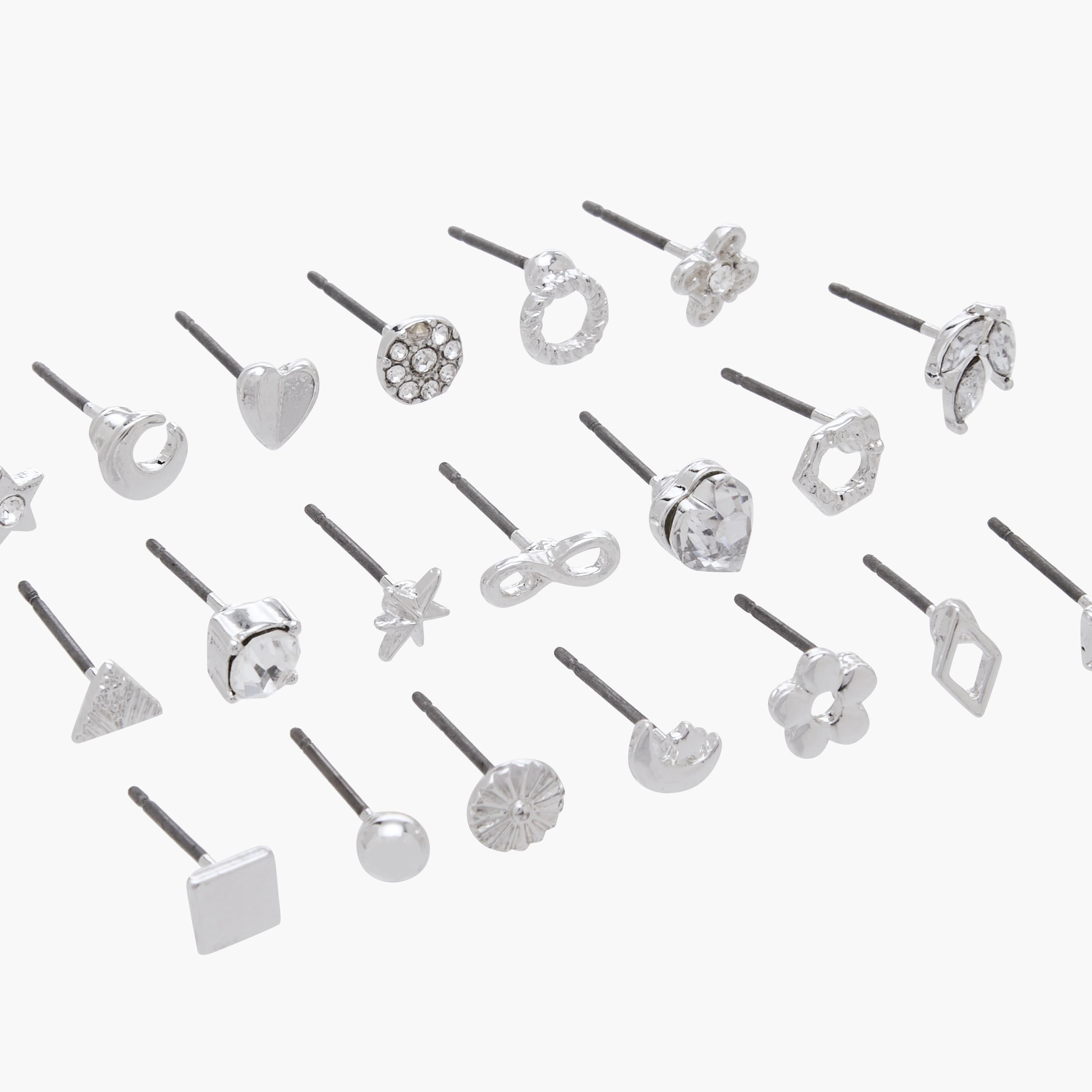Pack of 20 Silver Tone Assorted Stud Earrings with Pushback Closure-women-watchesandjewellery-jewellery-earrings-image-4