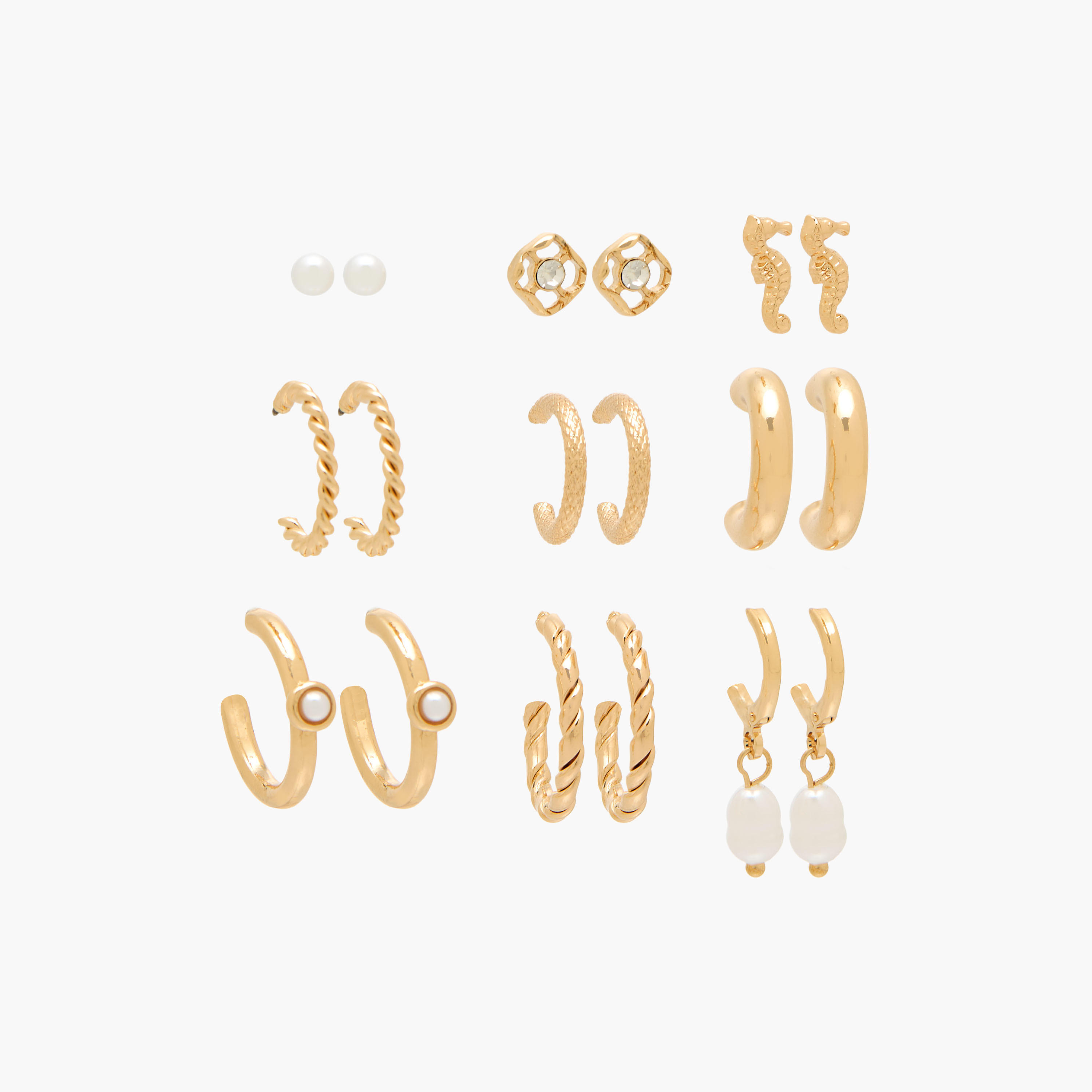 طقم حلقان متنوعة بلون ذهبي من 9 أزواج-women-watchesandjewellery-jewellery-earrings-image-1