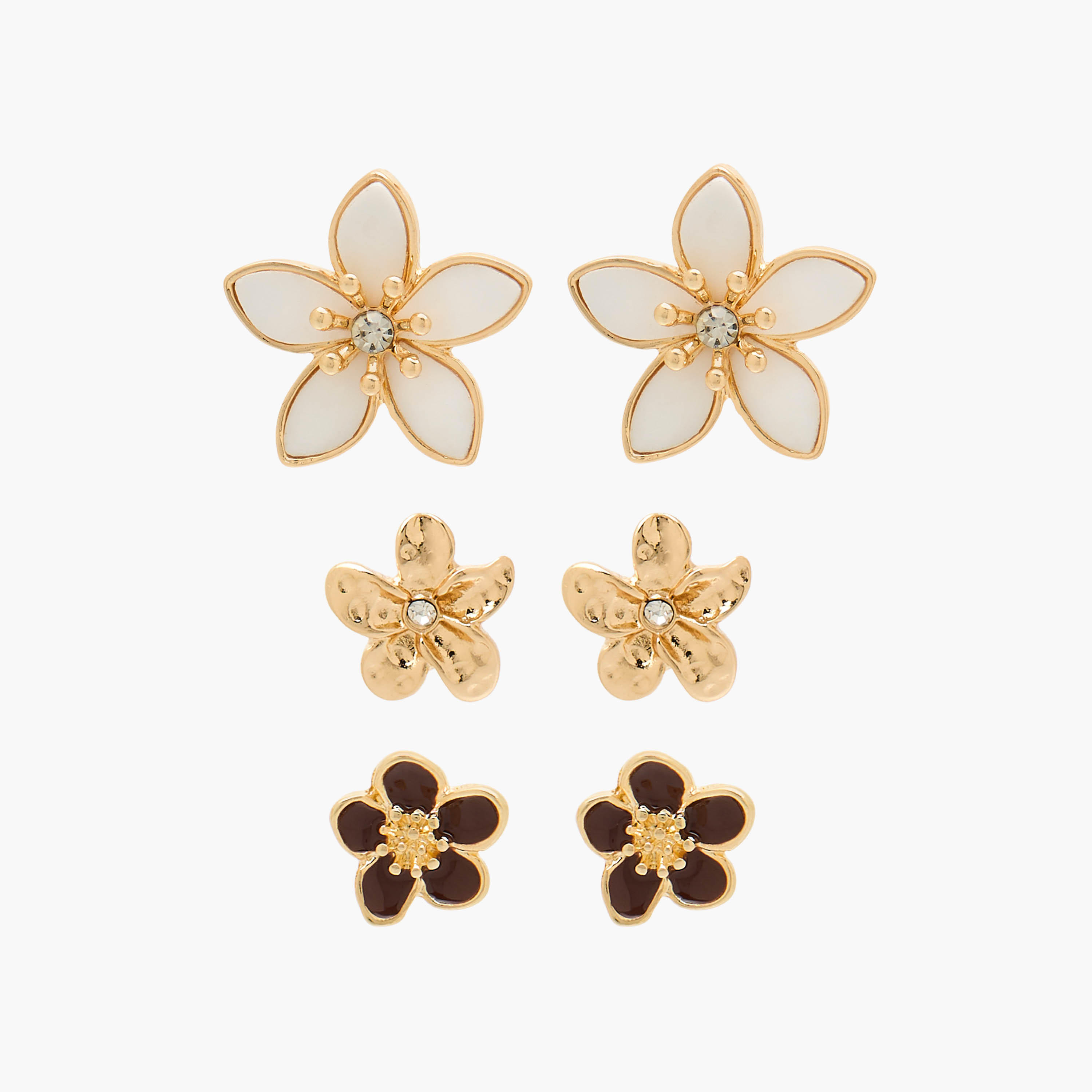 طقم حلقان ميتاليك بتصميم زهرة ومكبس إغلاق خلفي من 3 أزواج-women-watchesandjewellery-jewellery-earrings-image-1