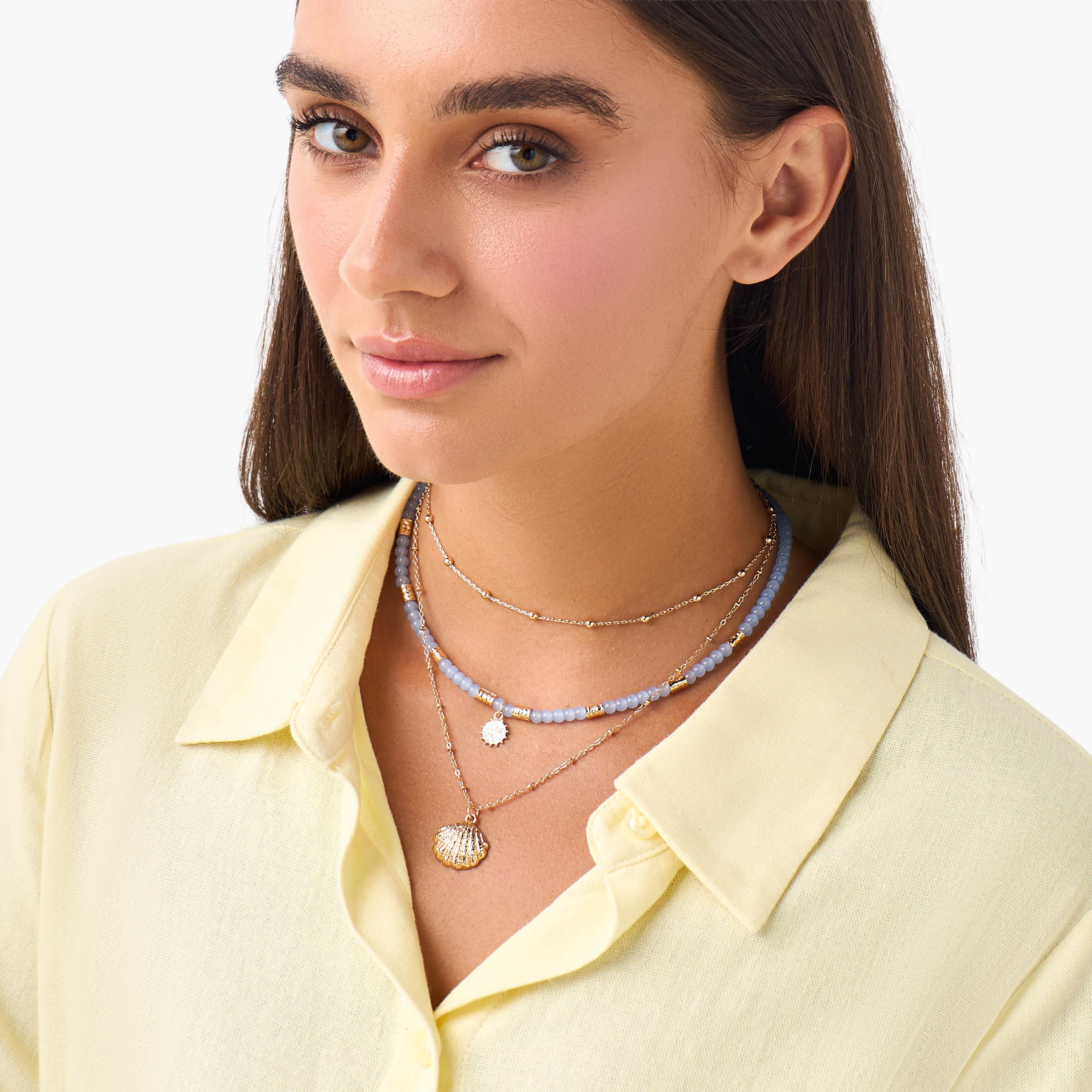 قلادة خرز طبقات بلون ذهبي ودلاية صدف-women-watchesandjewellery-jewellery-necklacesandpendants-image-4