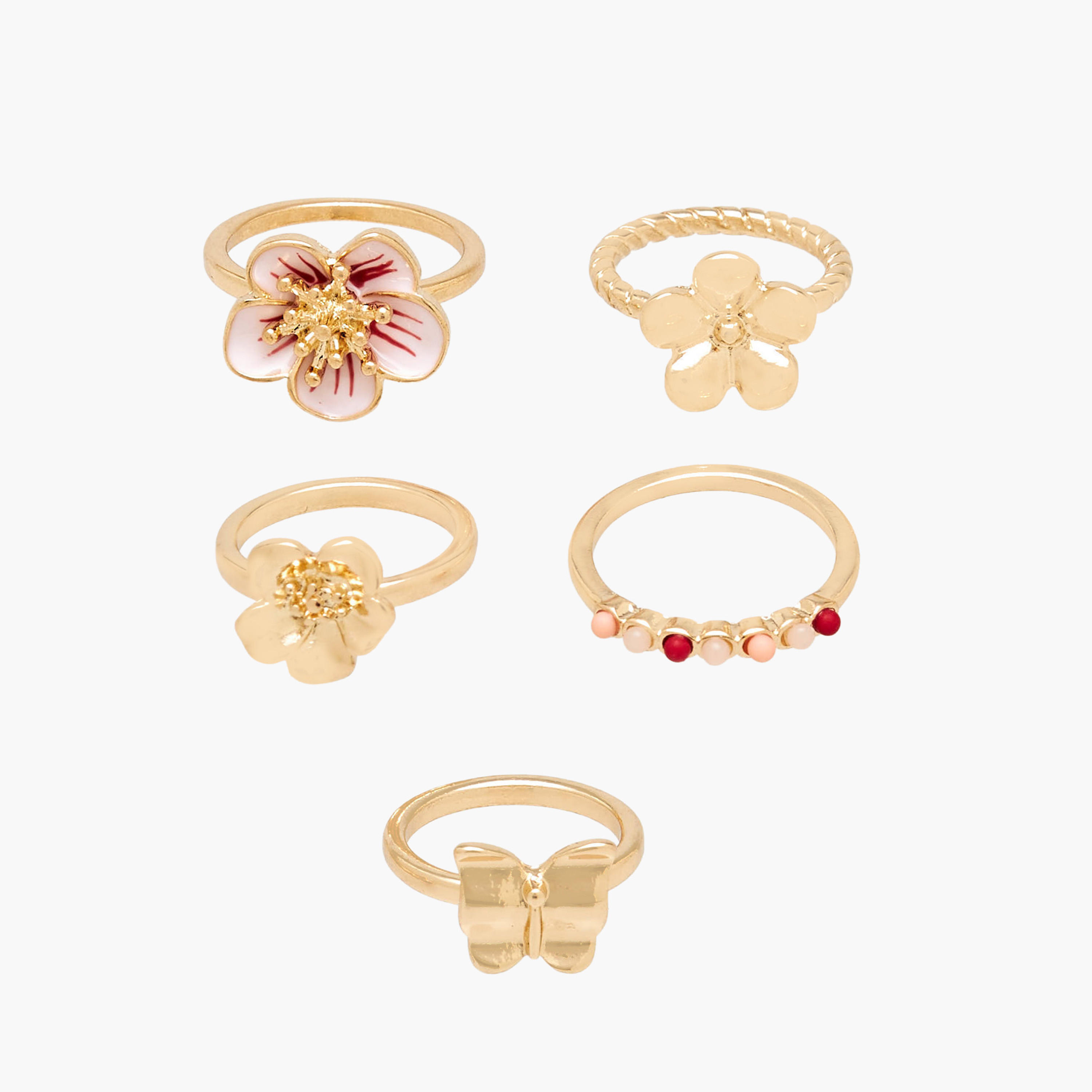 Set of 5 - Stackable Gold Tone Ring with Floral Design-women-watchesandjewellery-jewellery-rings-image-1