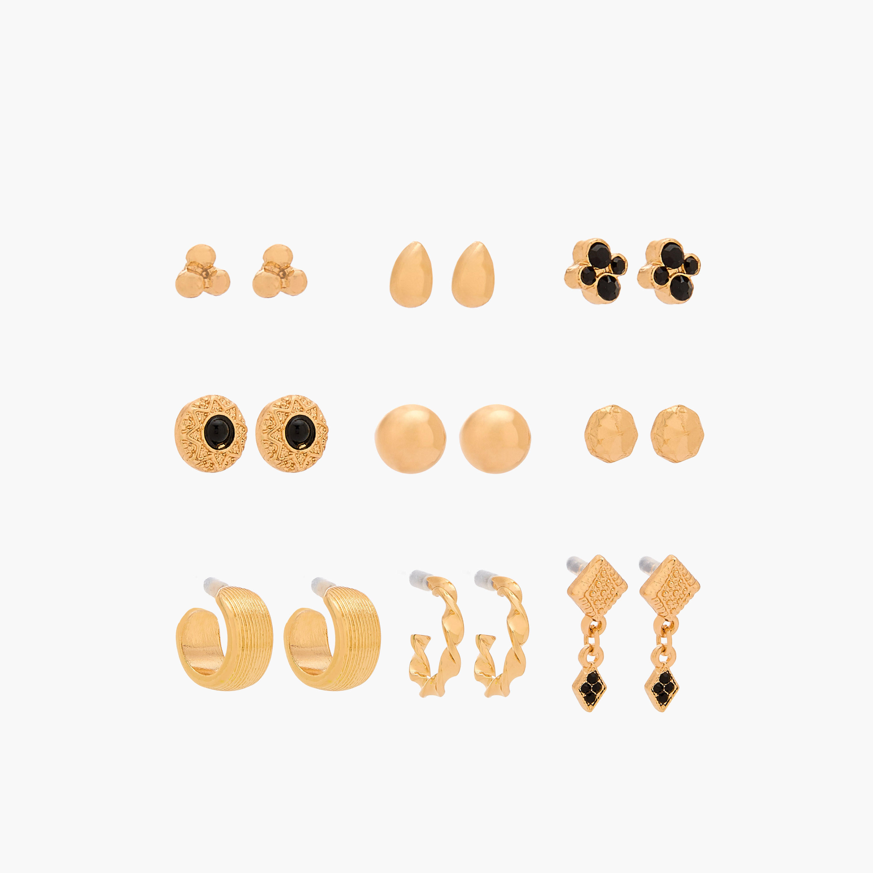 حلقان متنوعة بلون ذهبي بمكبس إغلاق من جلو - طقم 9 أزواج-women-watchesandjewellery-jewellery-earrings-image-1