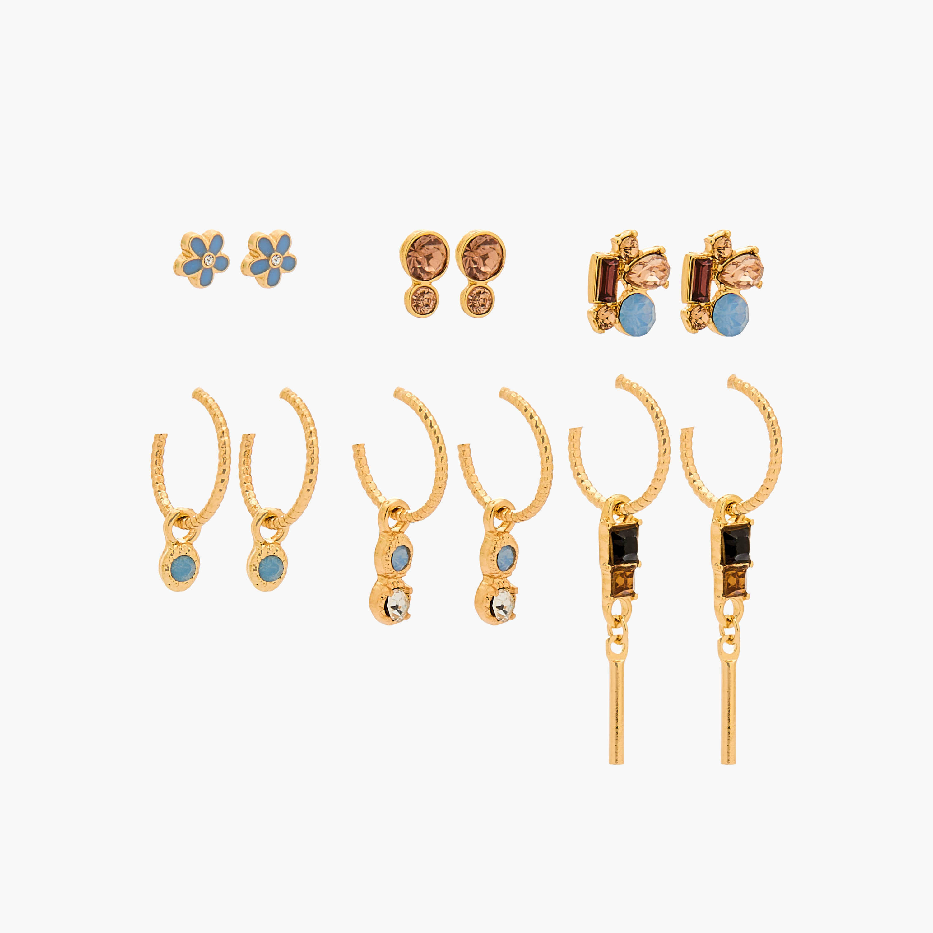حلقان مزينة بالأحجار بلون ذهبي ومكبس إغلاق خلفي من جلوو - طقم من 6-women-watchesandjewellery-jewellery-earrings-image-1