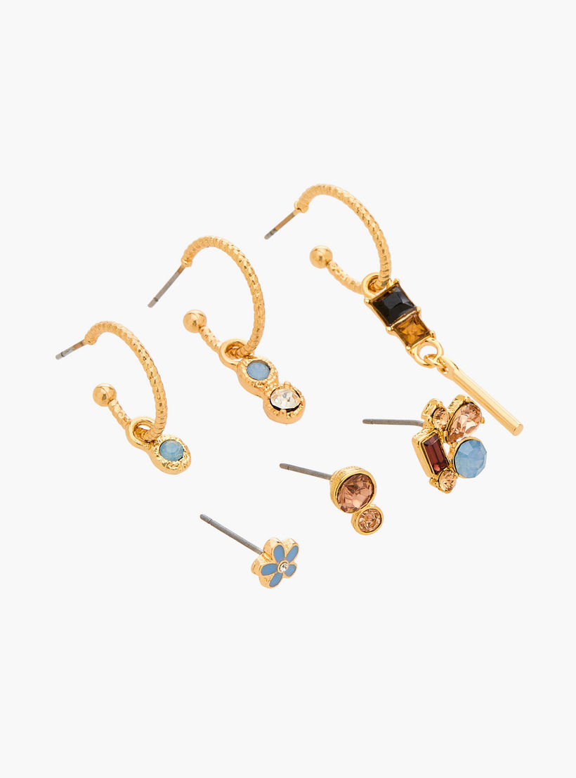 حلقان مزينة بالأحجار بلون ذهبي ومكبس إغلاق خلفي من جلوو - طقم من 6-women-watchesandjewellery-jewellery-earrings-image-2