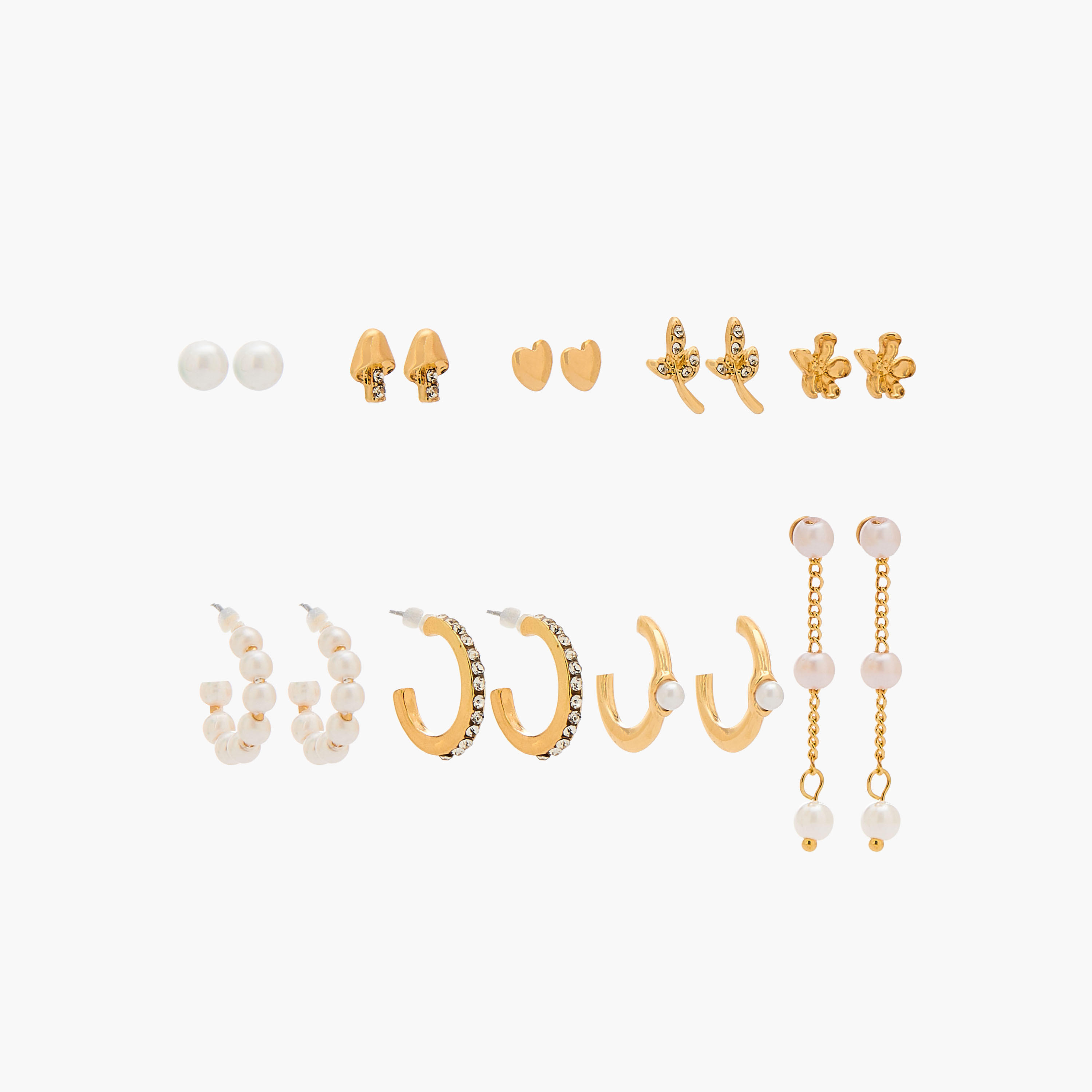 حلقان متنوعة بلون ذهبي بمكبس إغلاق من جلو - طقم 9 أزواج-women-watchesandjewellery-jewellery-earrings-image-1