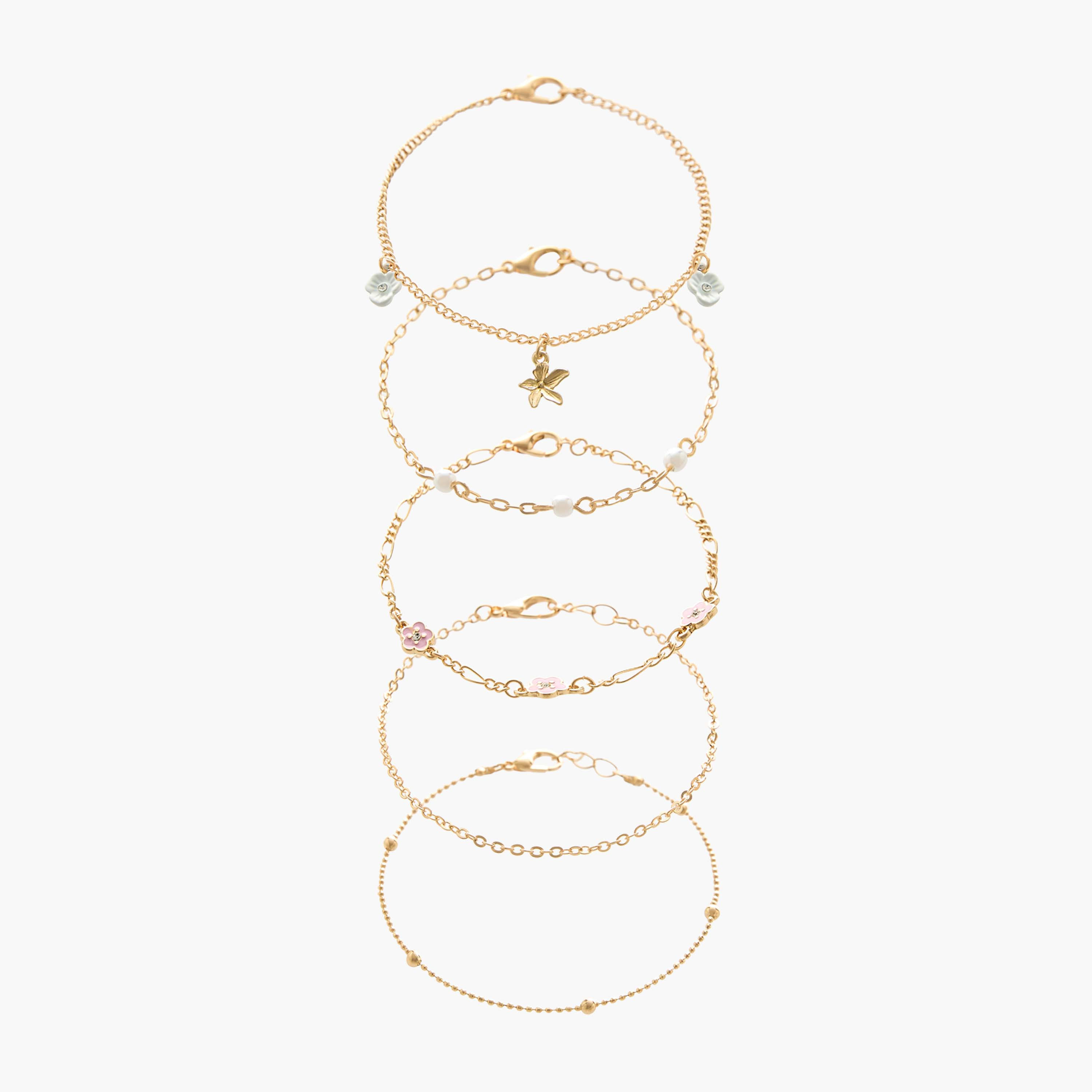 أساور بلون ذهبي ودلايات زهور - عبوة 5 قطع-women-watchesandjewellery-jewellery-banglesandbracelets-image-1