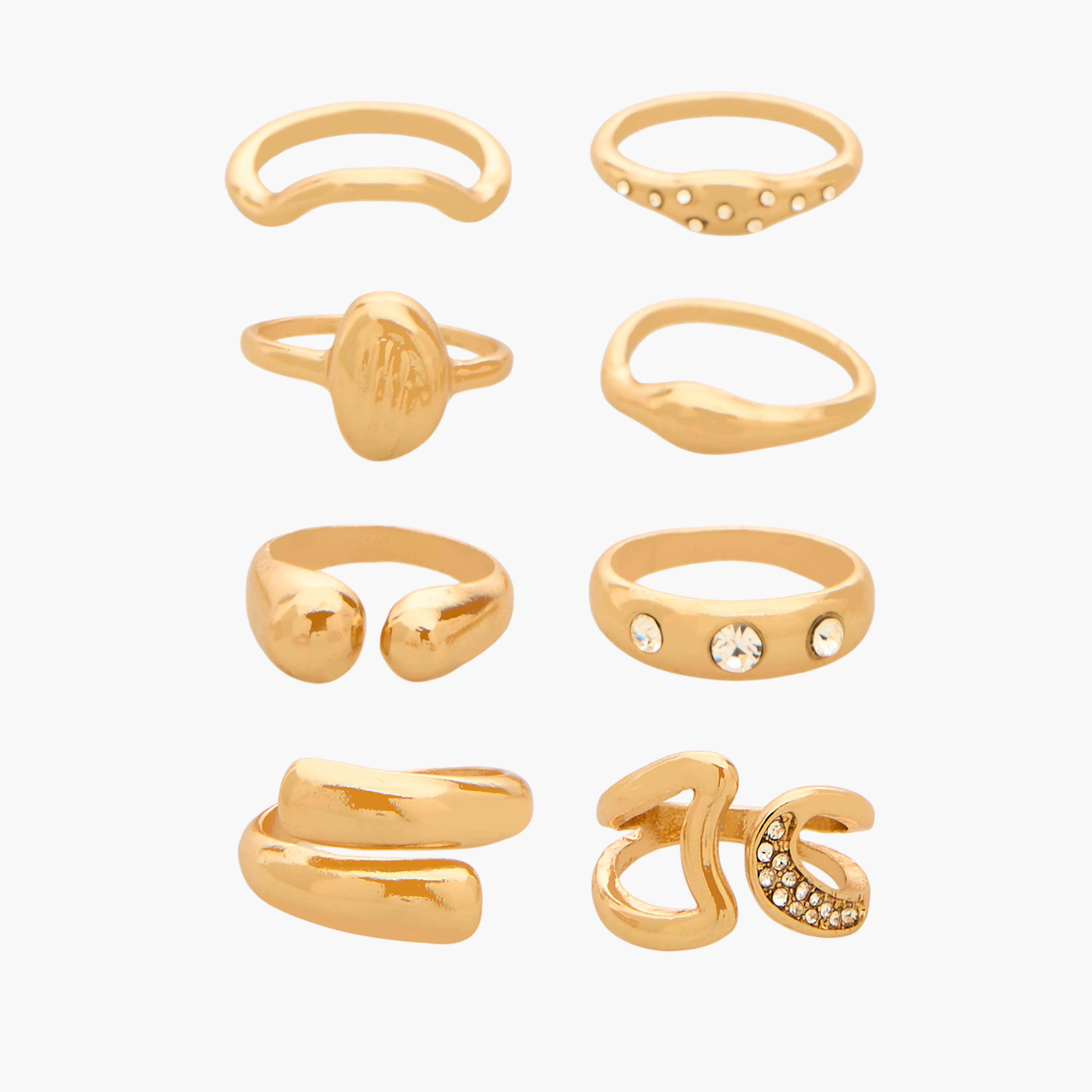 خواتم قابلة للتكديس بلون ذهبي وتفاصيل مزينة - طقم من 8 قطع-women-watchesandjewellery-jewellery-rings-image-1