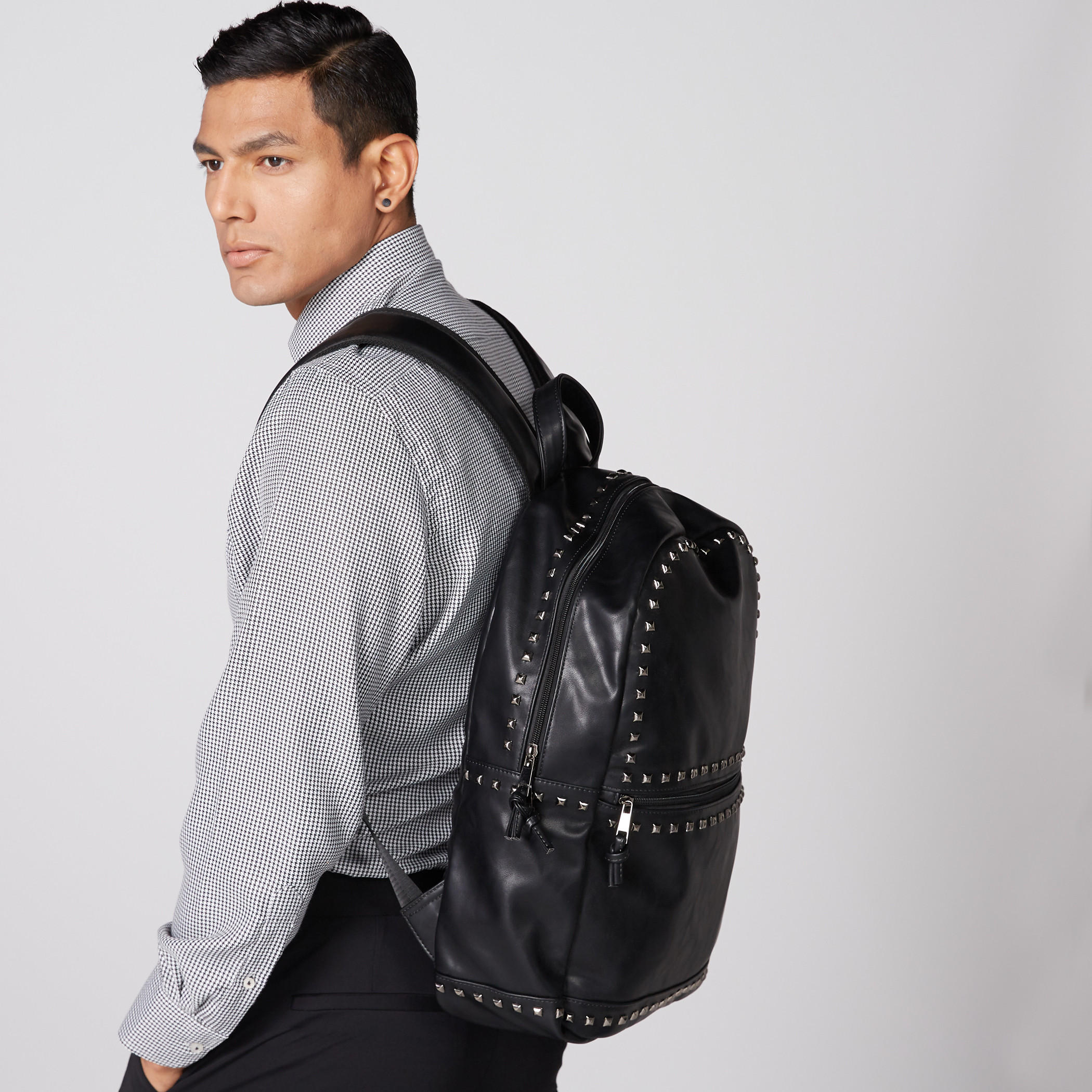 Studded Backpack with Zip Closure and Adjustable Straps-men-bags-image-2
