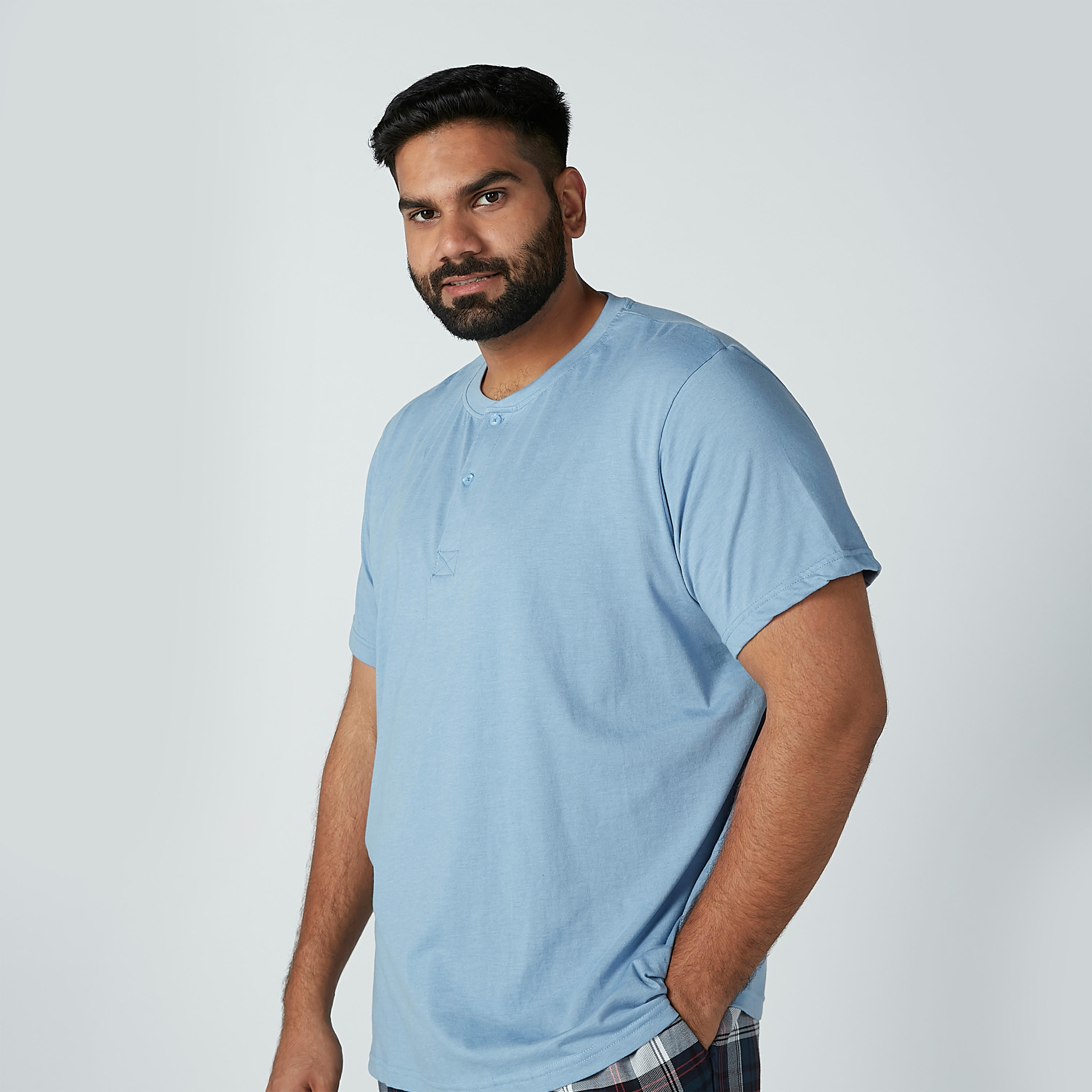 Solid Short Sleeves T-shirt and Chequered Pyjama Set-men-clothing-nightwear-sets-image-2