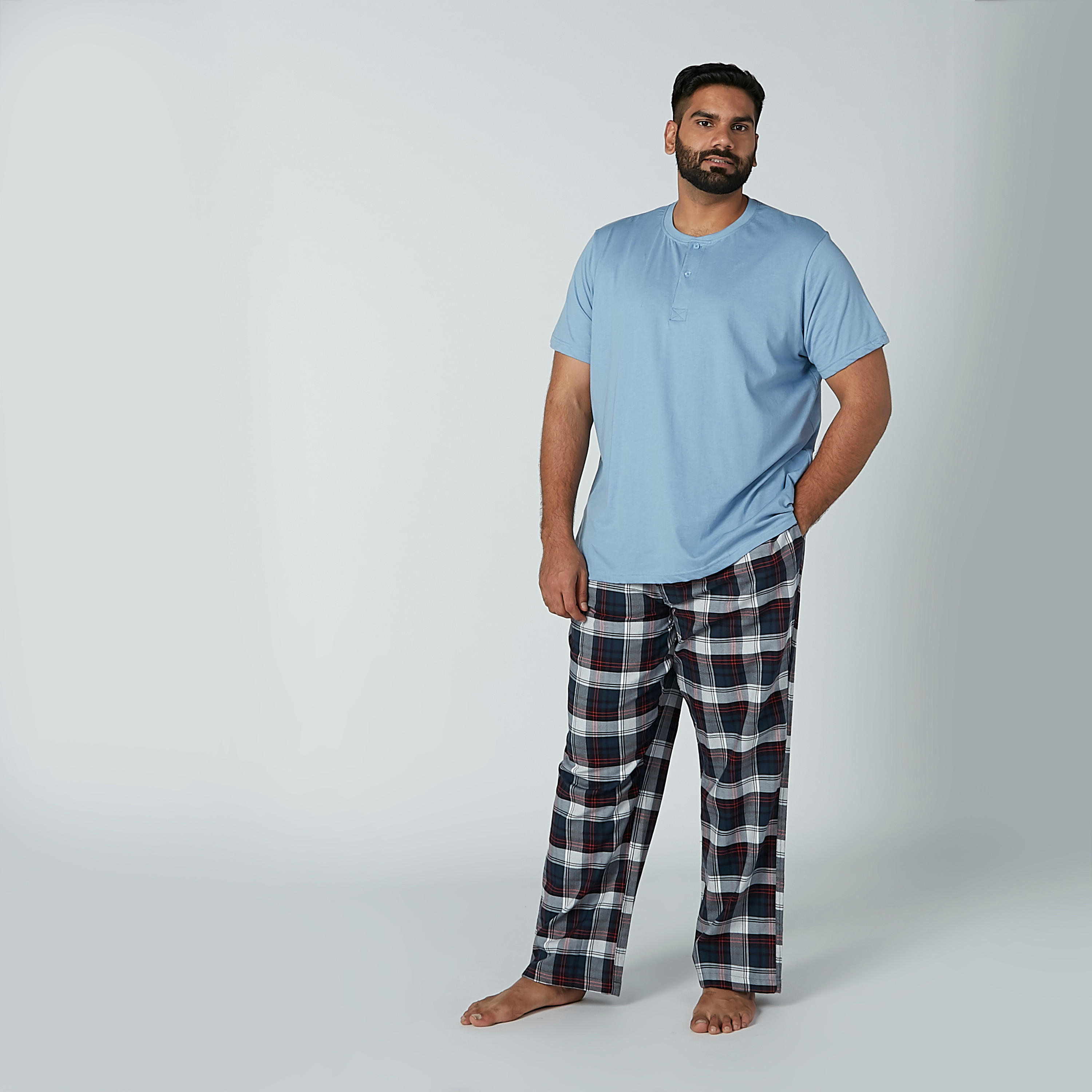 Solid Short Sleeves T-shirt and Chequered Pyjama Set-men-clothing-nightwear-sets-image-3