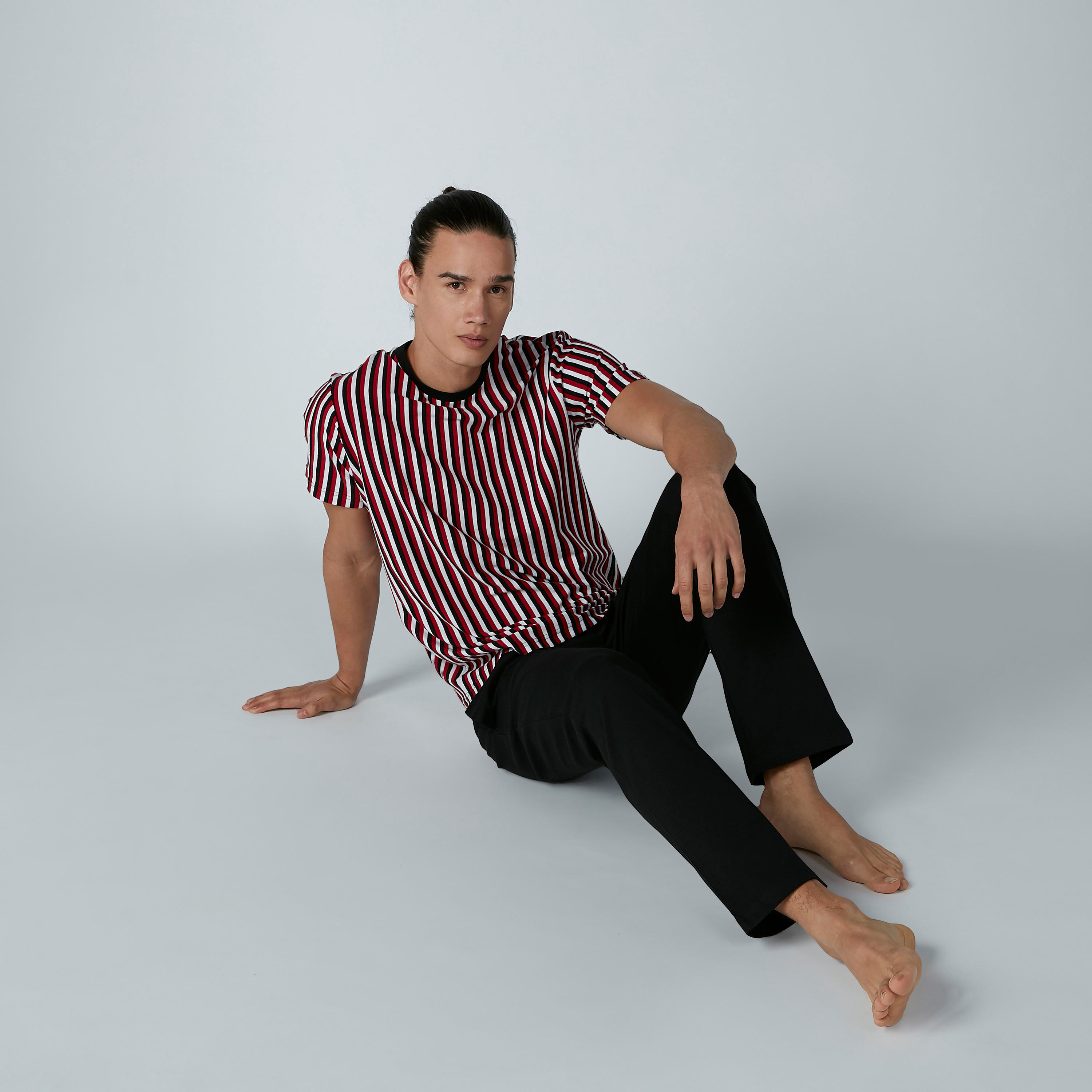 Striped Short Sleeves T-shirt and Solid Pyjama Set-men-clothing-nightwear-sets-image-1