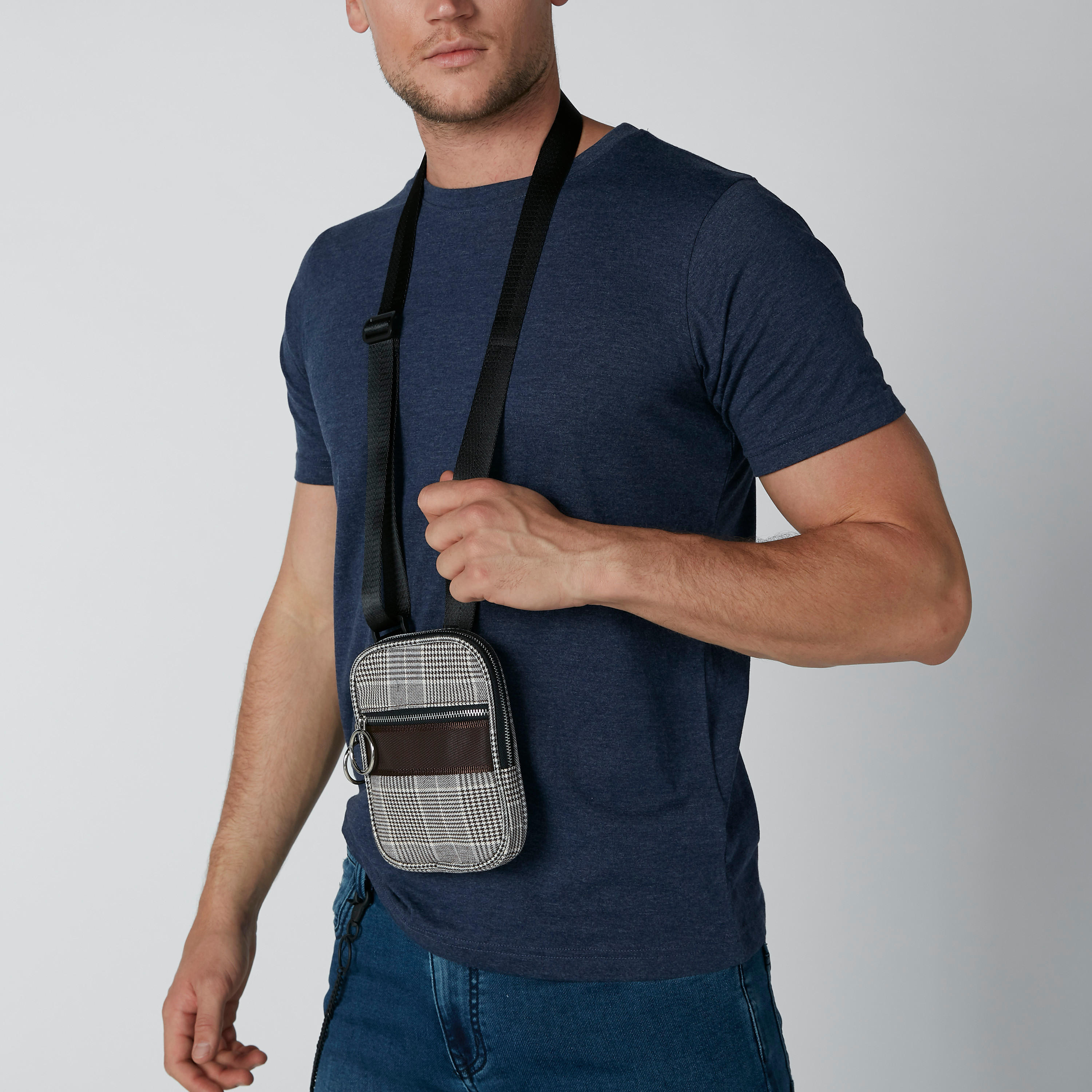 Chequered Messenger Bag with Zip Closure and Adjustable Strap-men-bags-image-2