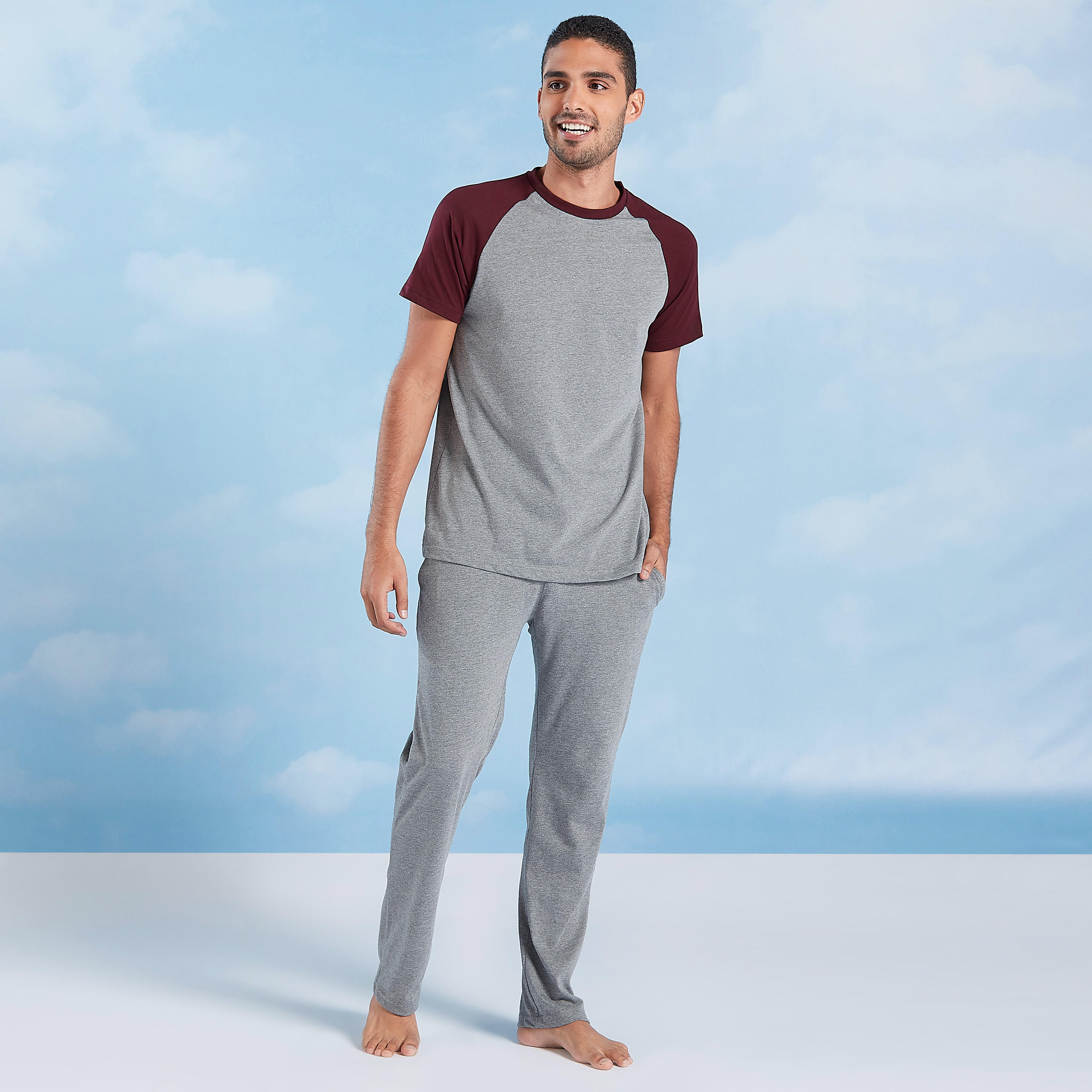 Plain Raglan Sleeves T-shirt and Full Length Pyjama Set-men-clothing-nightwear-sets-image-1