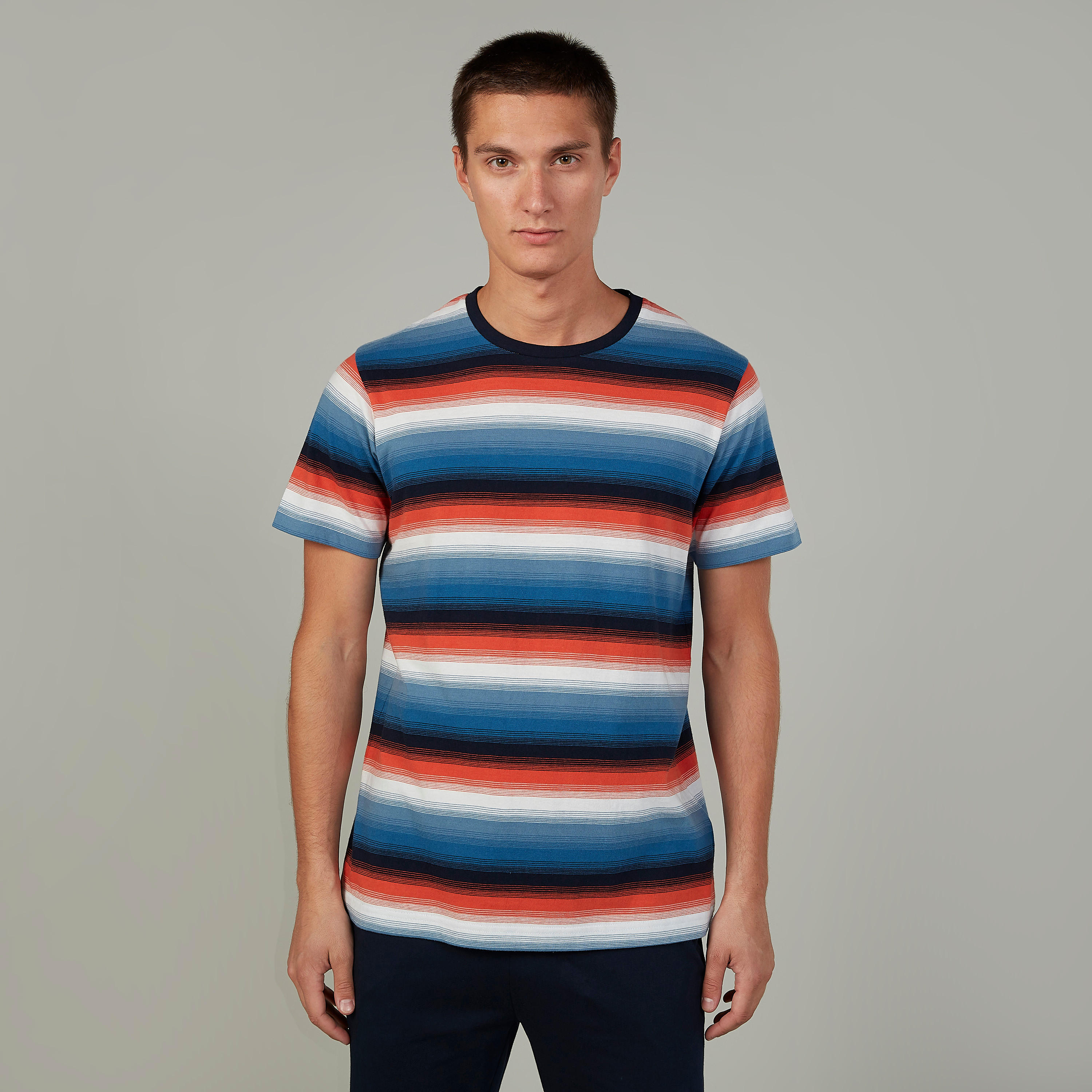 Striped Round Neck T-shirt and Full Length Plain Pyjama Set-men-clothing-nightwear-sets-image-1