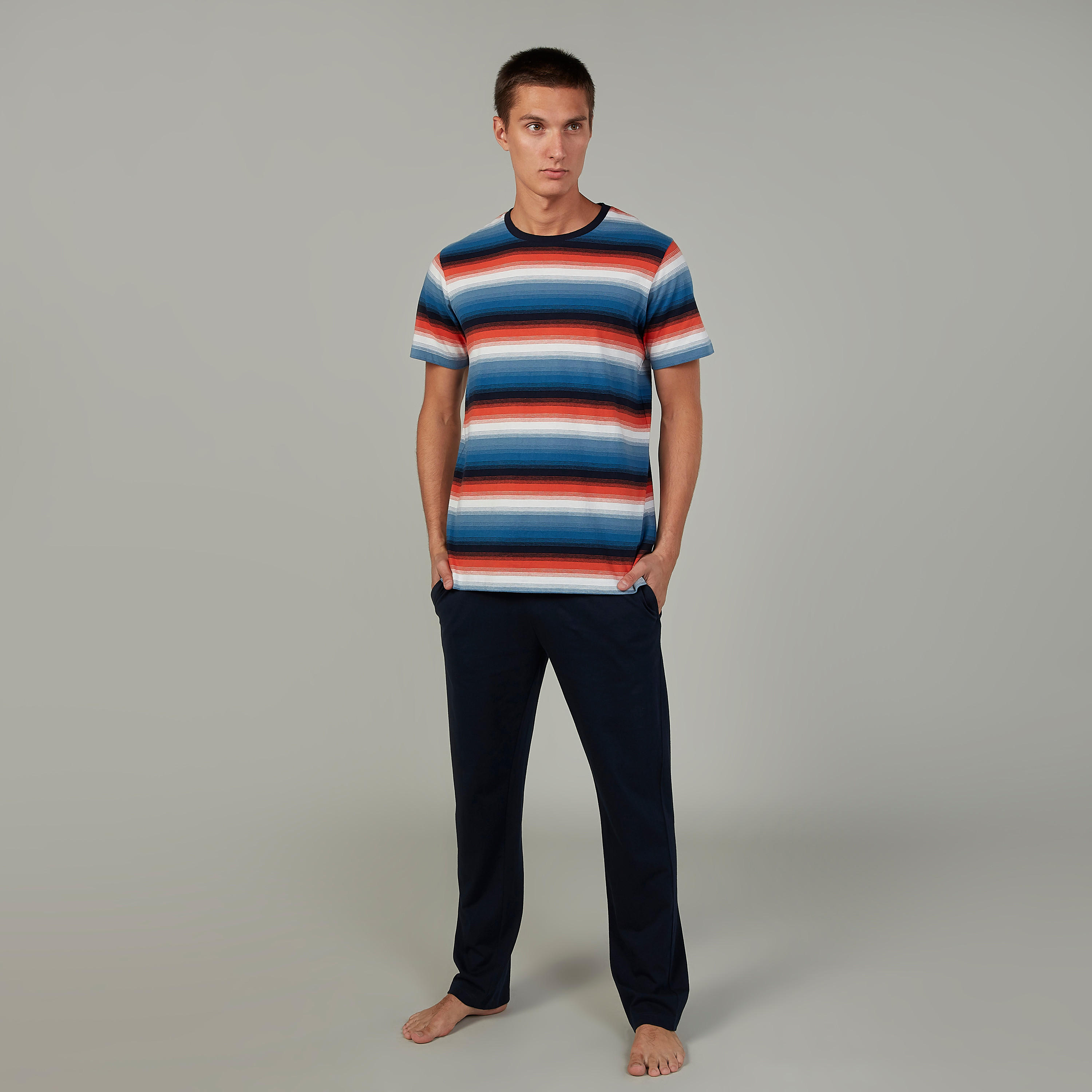 Striped Round Neck T-shirt and Full Length Plain Pyjama Set-men-clothing-nightwear-sets-image-2