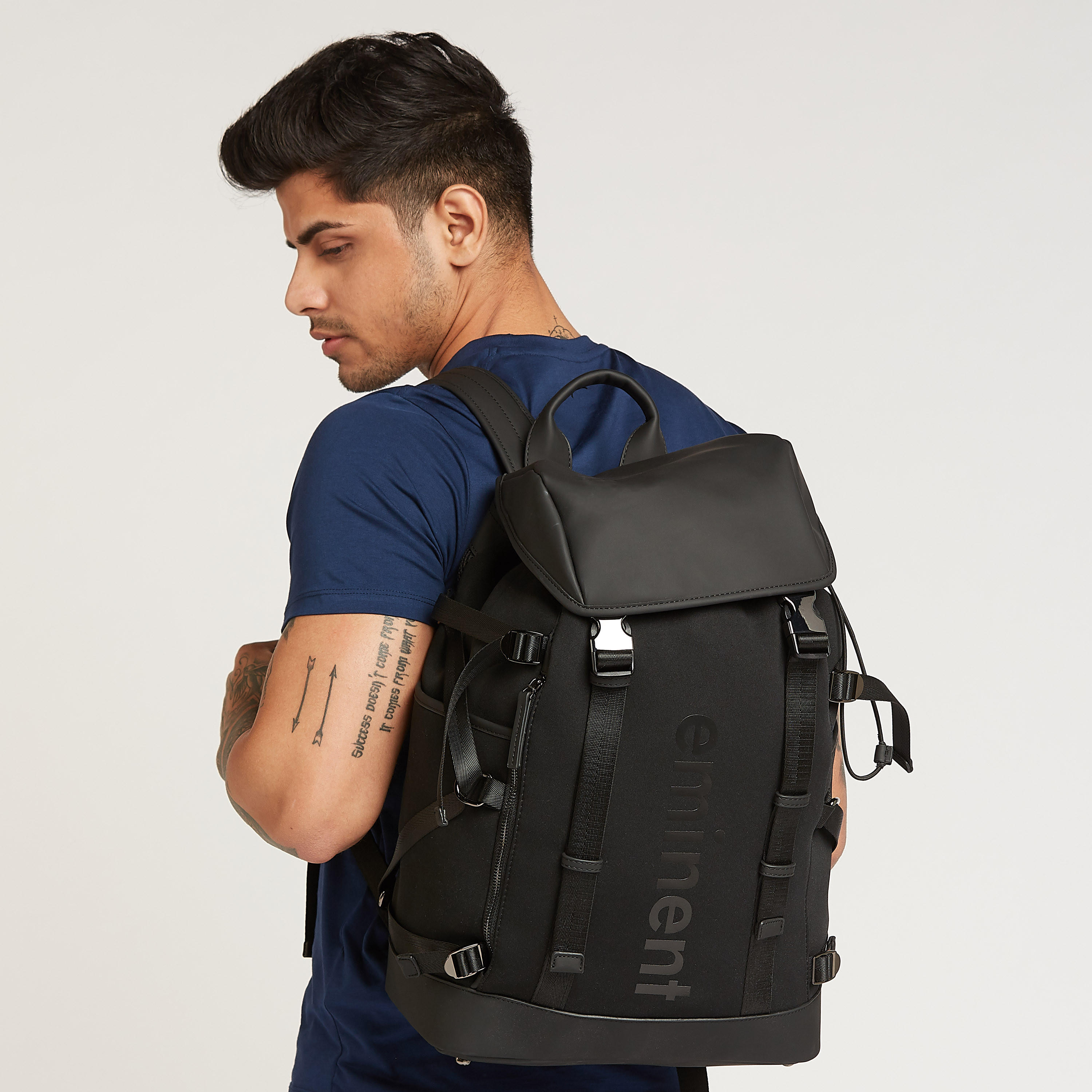 Solid Backpack with Adjustable Shoulder Straps and Buckle Closure Flap-men-bags-image-2