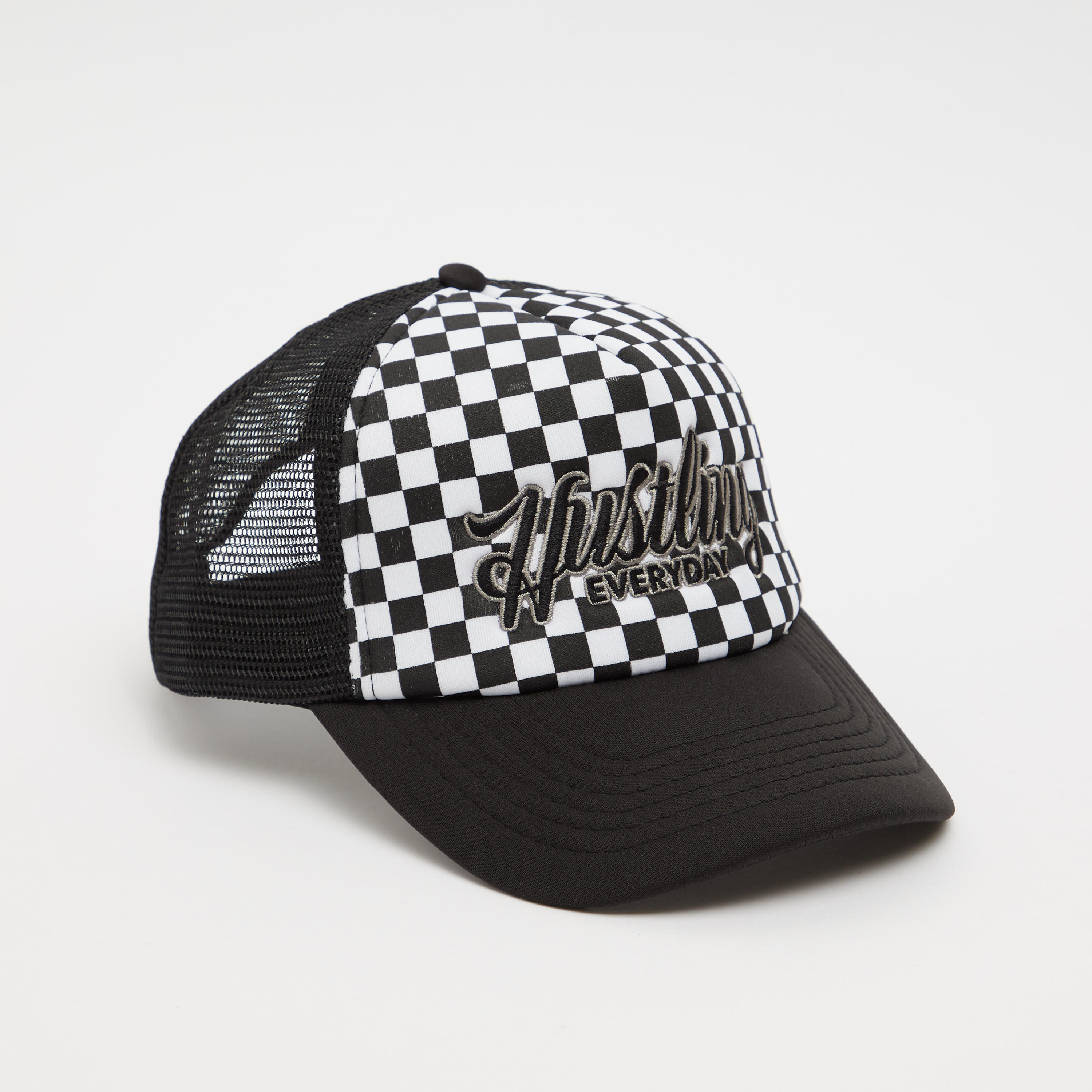 Checked Cap with Mesh Detail and Snap Closure-men-caps-image-1