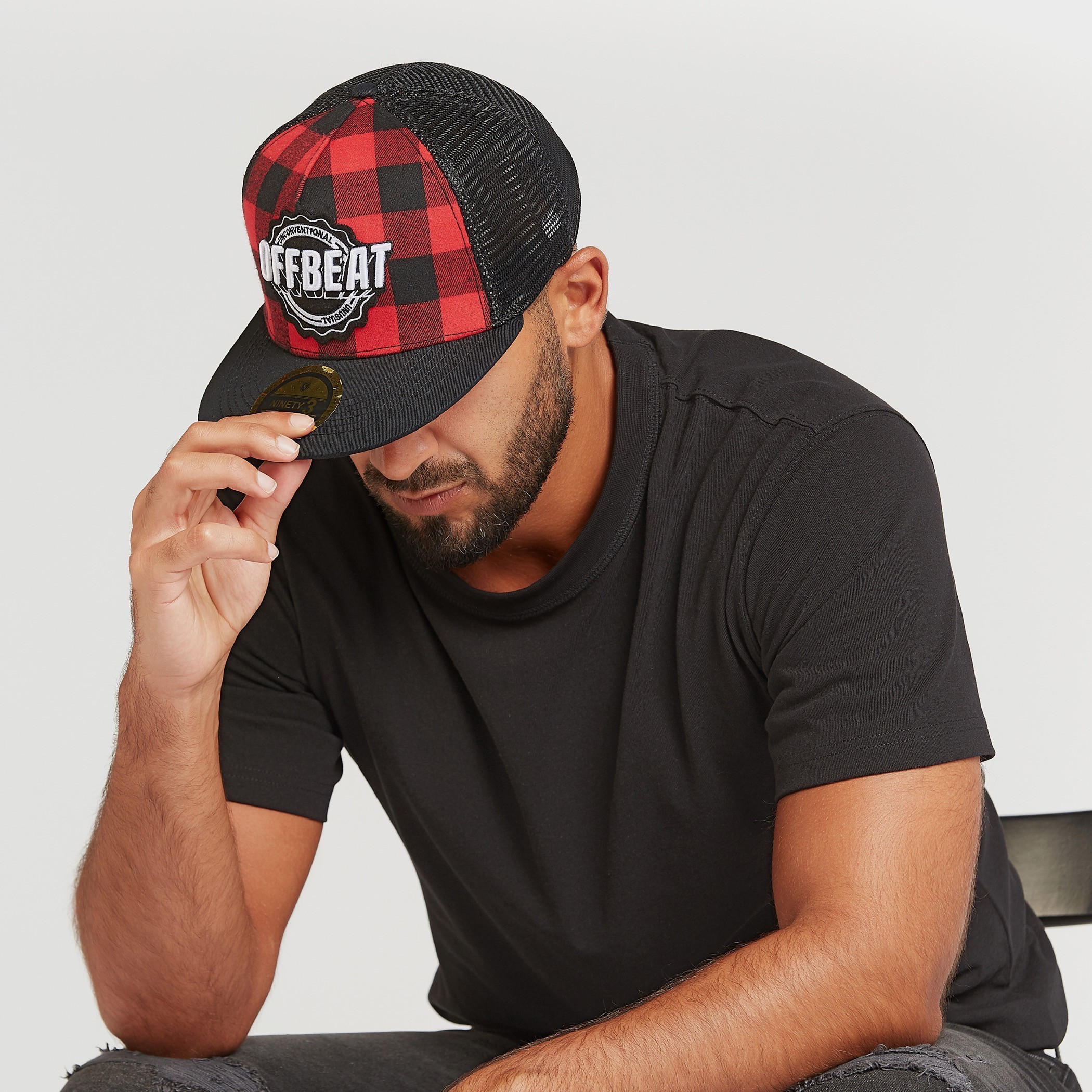Checked Cap with Applique Detail and Snap Closure-men-caps-image-2