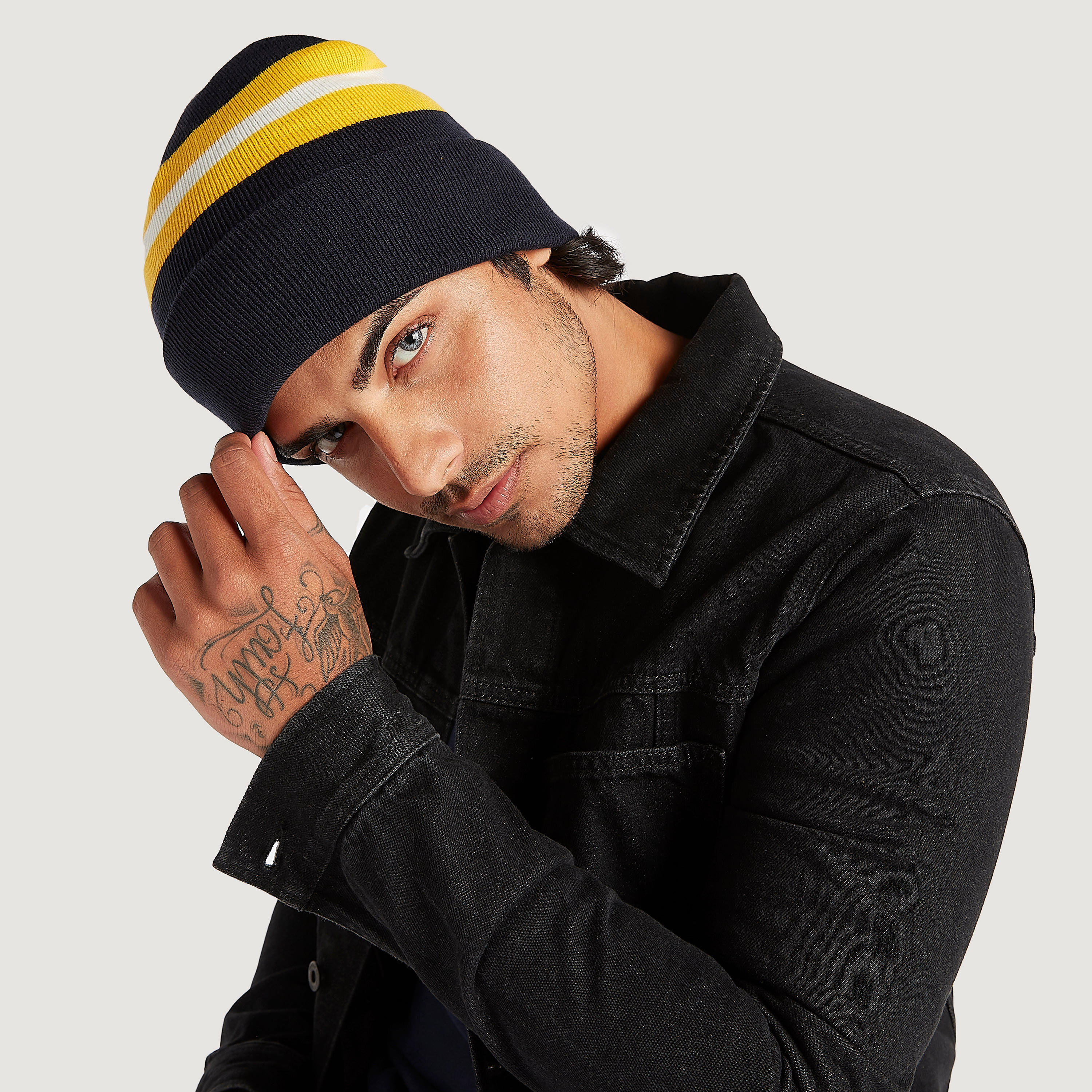 Striped Beanie with Cuffed Hem-men-caps-image-2