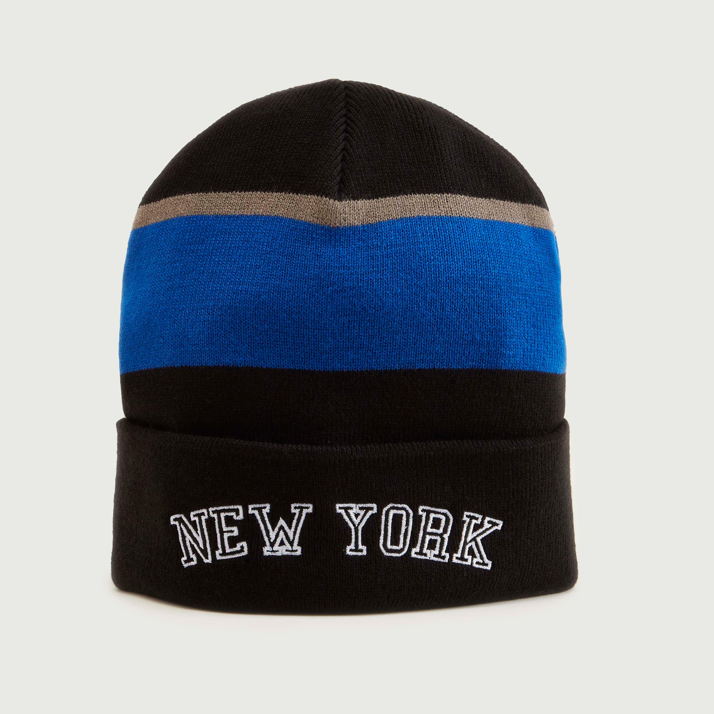 Striped Embroidered Beanie with Cuffed Hem-men-caps-image-1