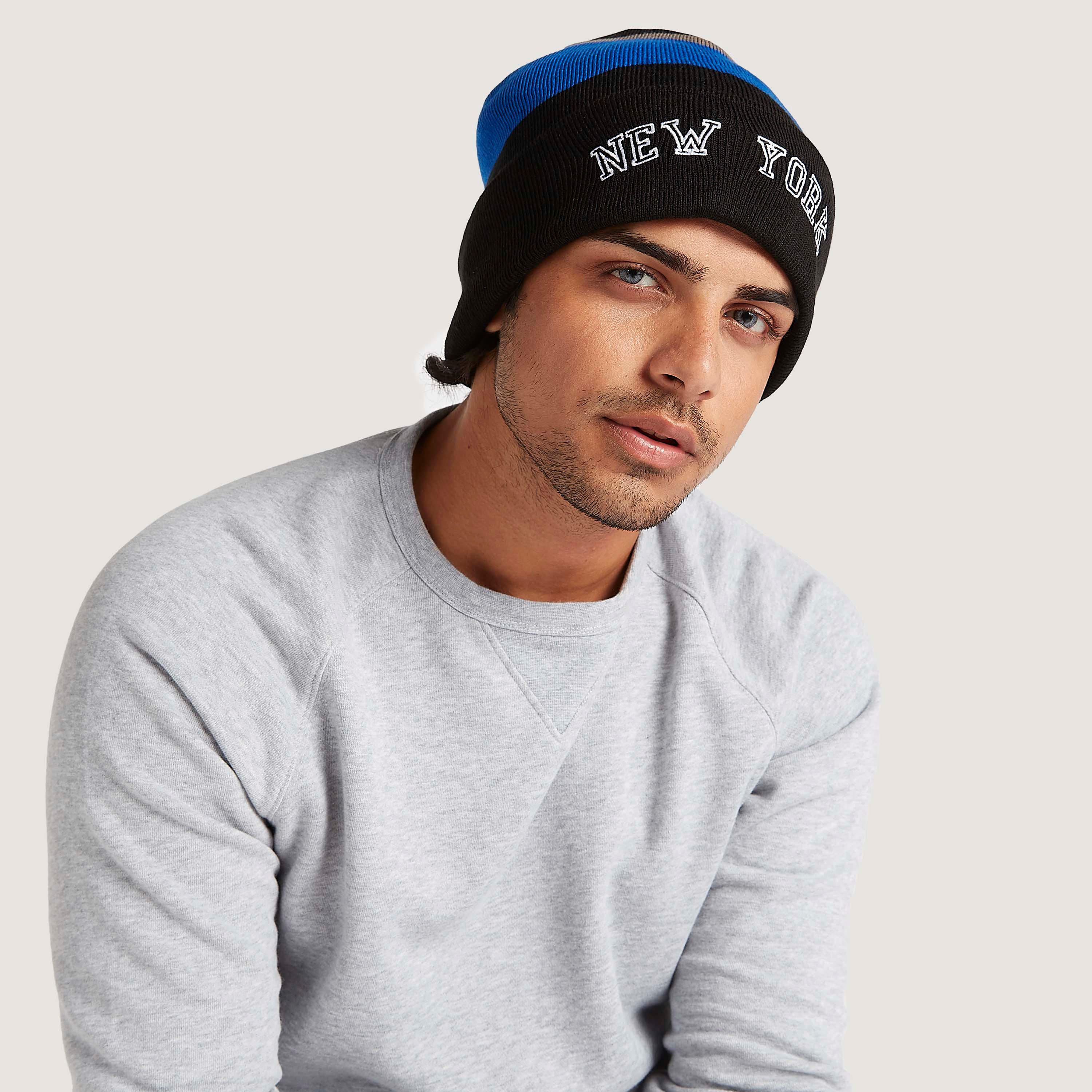 Striped Embroidered Beanie with Cuffed Hem-men-caps-image-2