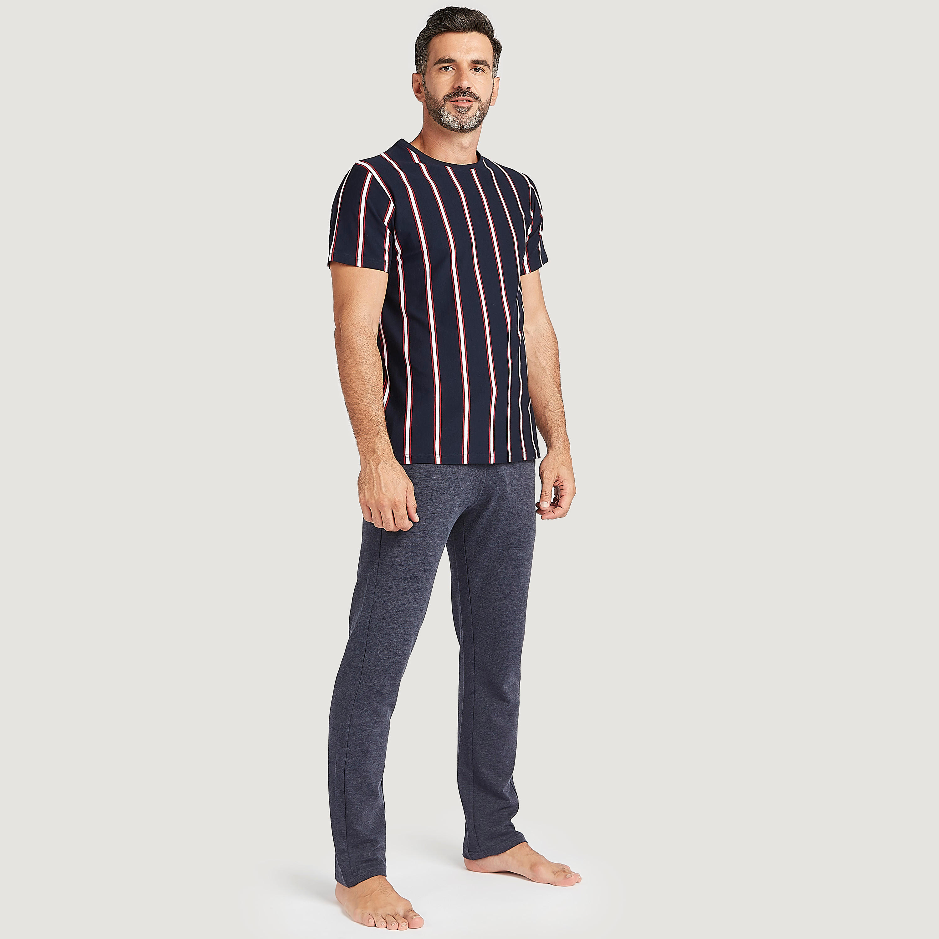Striped Crew Neck T-shirt and Full Length Solid Pyjama Set-men-clothing-nightwear-sets-image-1
