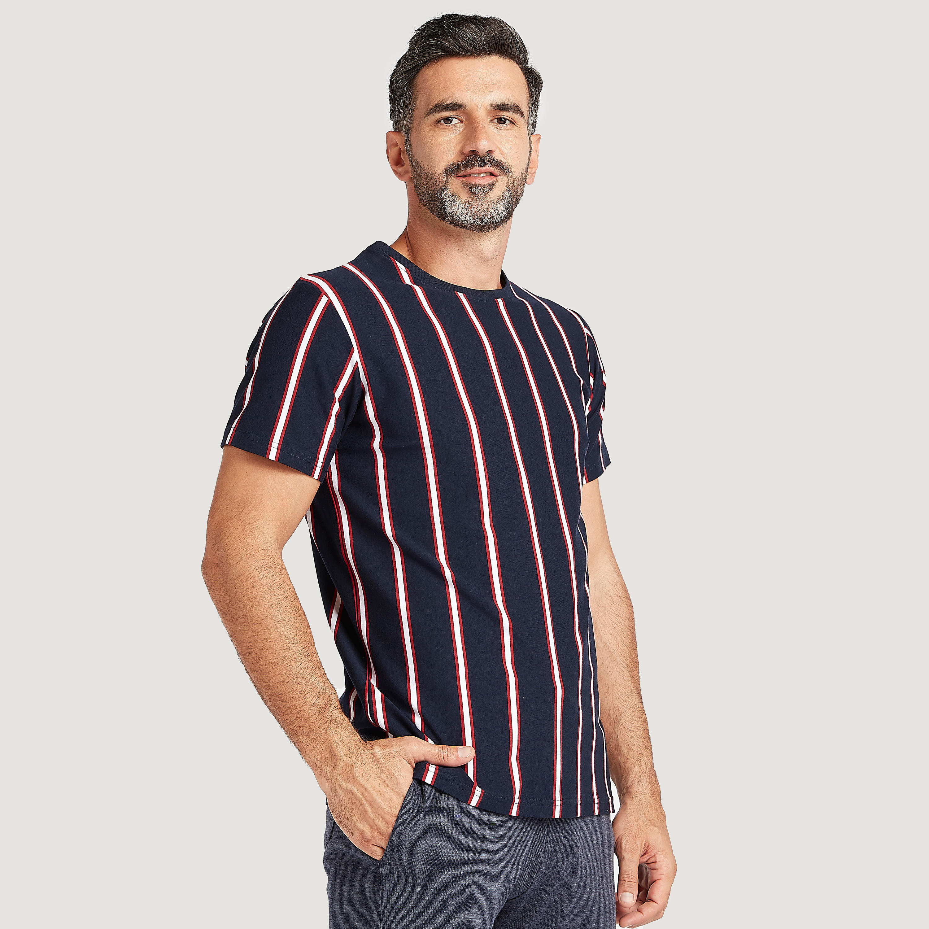 Striped Crew Neck T-shirt and Full Length Solid Pyjama Set-men-clothing-nightwear-sets-image-2