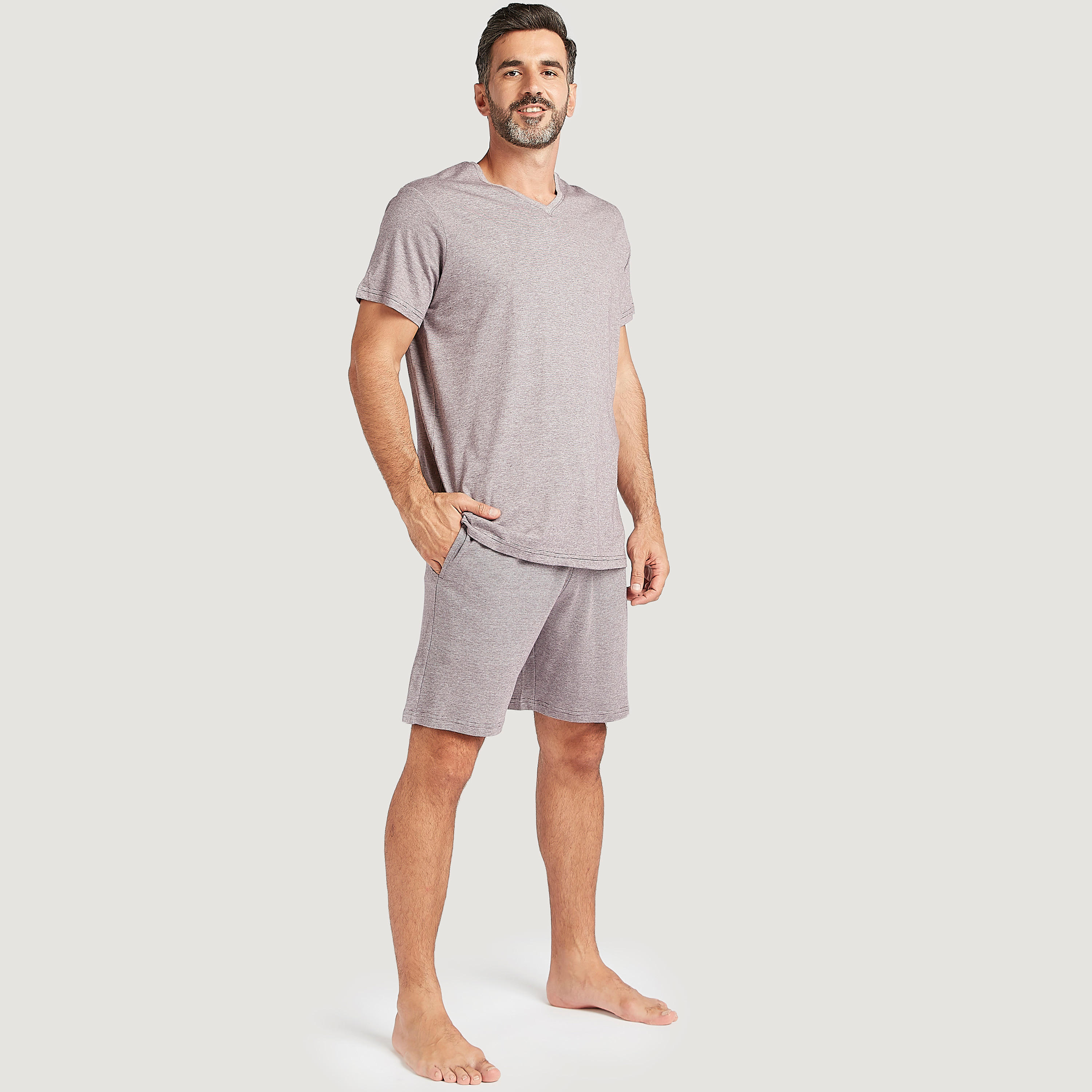 طقم شورت برباط إغلاق وتيشيرت سادة بياقة V-men-clothing-nightwear-sets-image-5