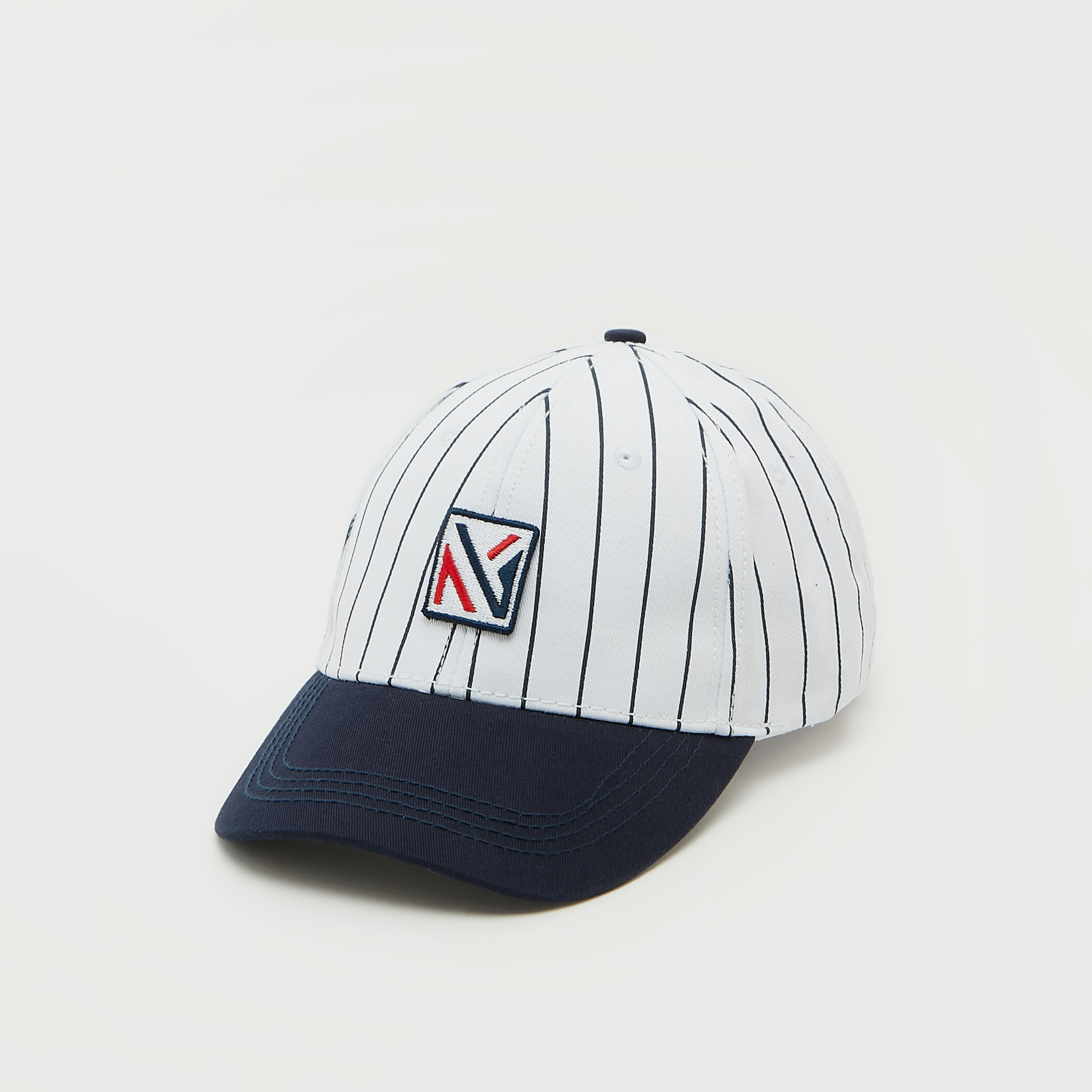 Striped Cap with Buckled Back Strap Closure and Applique-men-caps-image-1