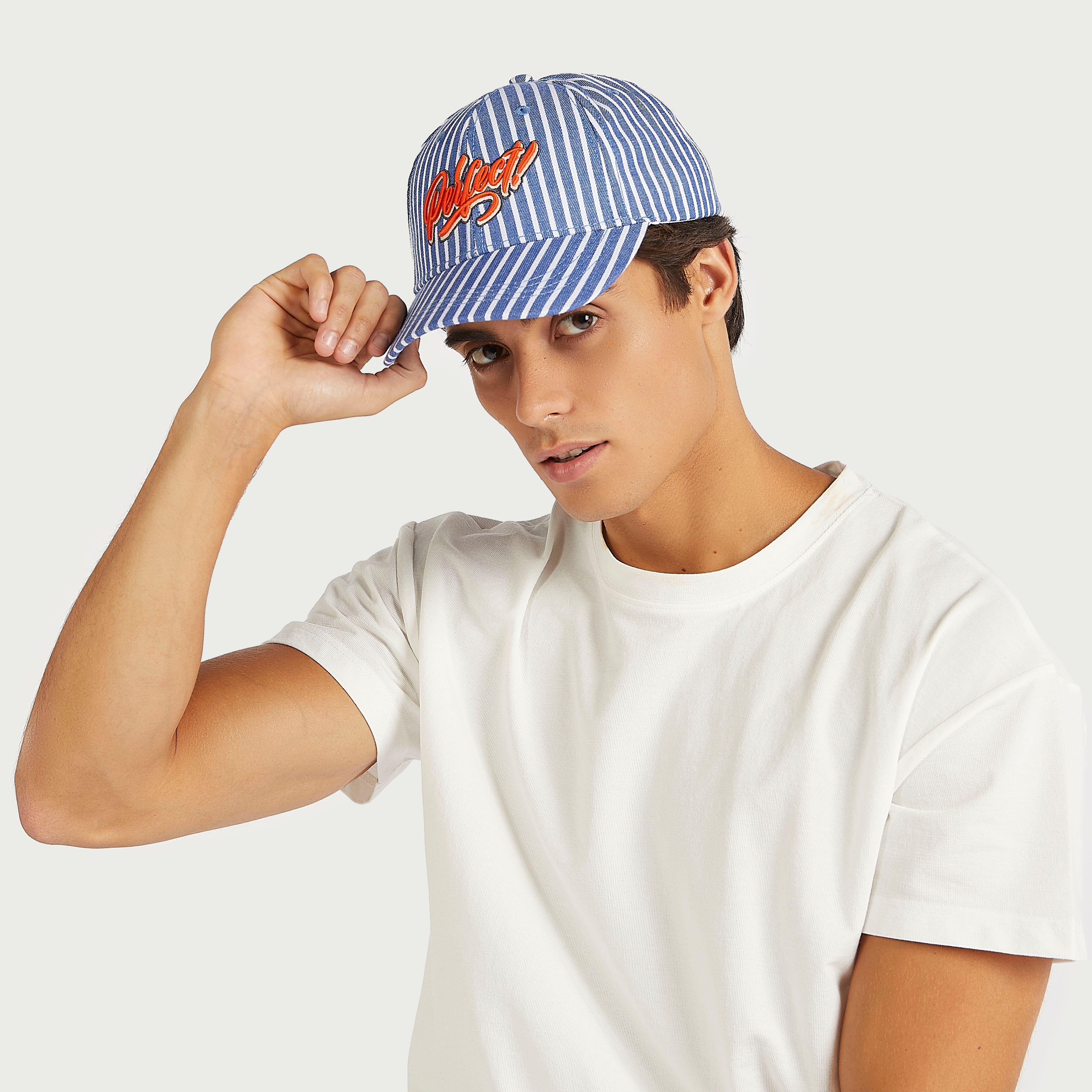 Striped Cap with Eyelets and Buckle Strap Closure-men-caps-image-2