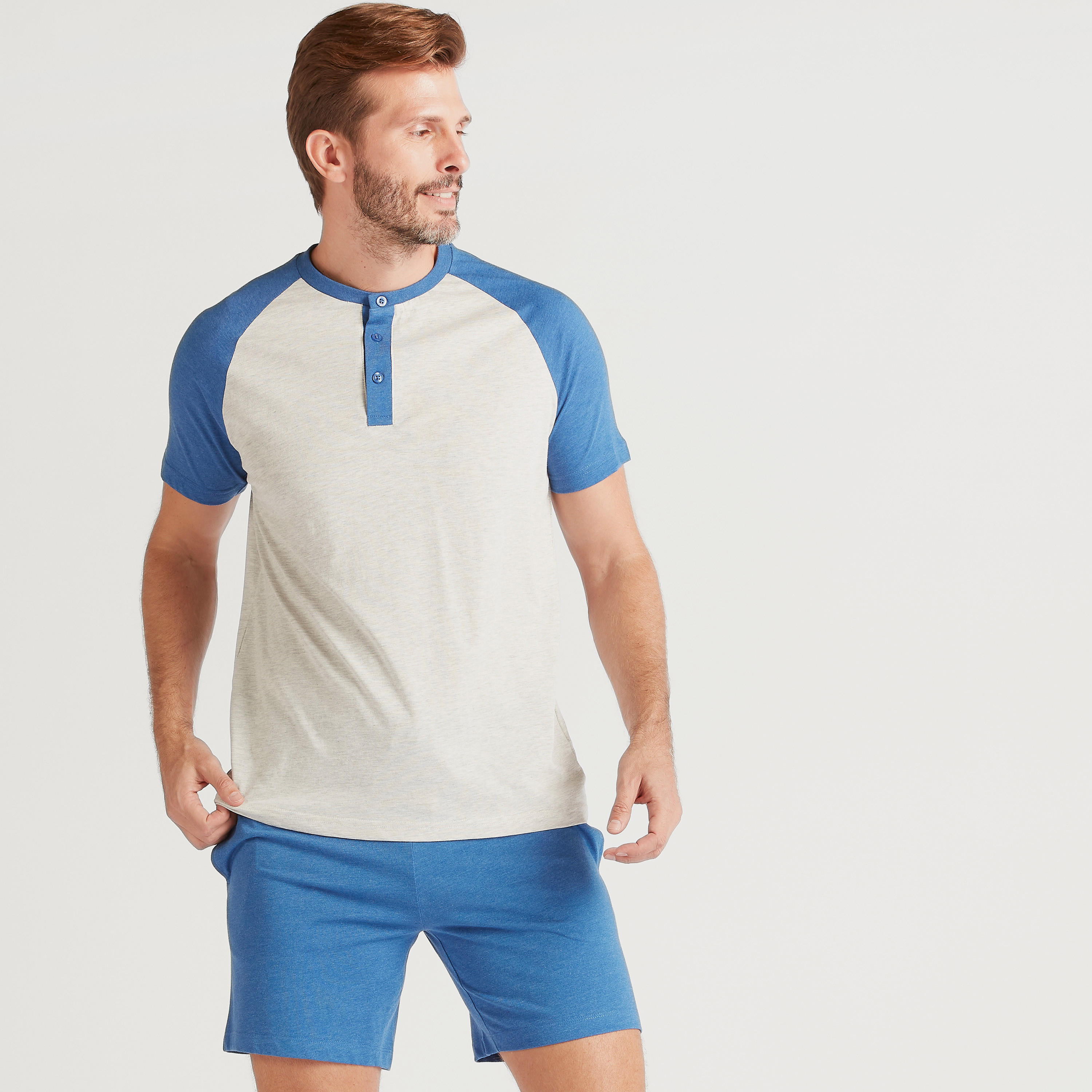 طقم شورت برباط إغلاق وتيشيرت سادة بياقة بأزرار-men-clothing-nightwear-sets-image-5