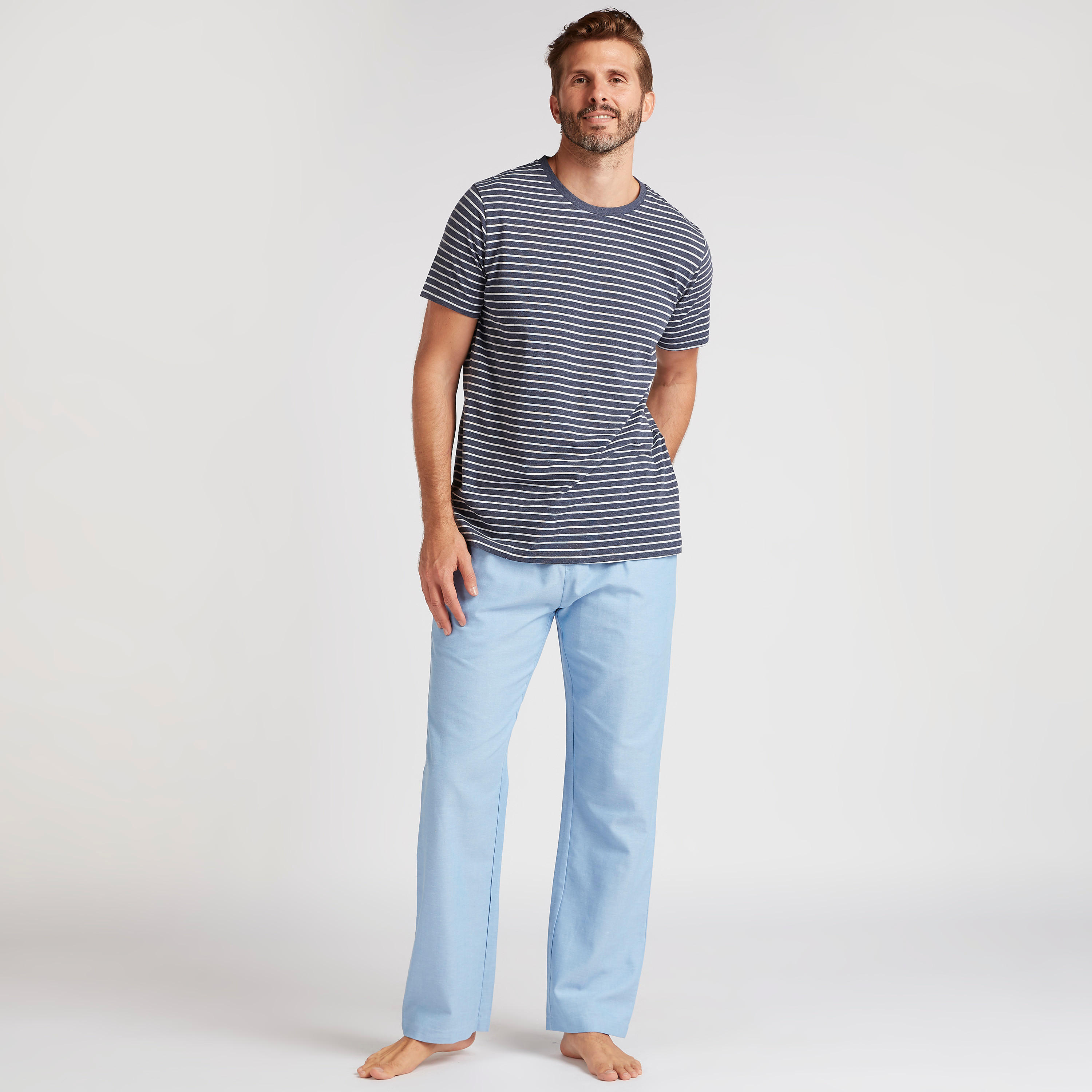 طقم بنطلون بيجاما وتيشيرت مخطط بياقة ضيقة-men-clothing-nightwear-sets-image-1