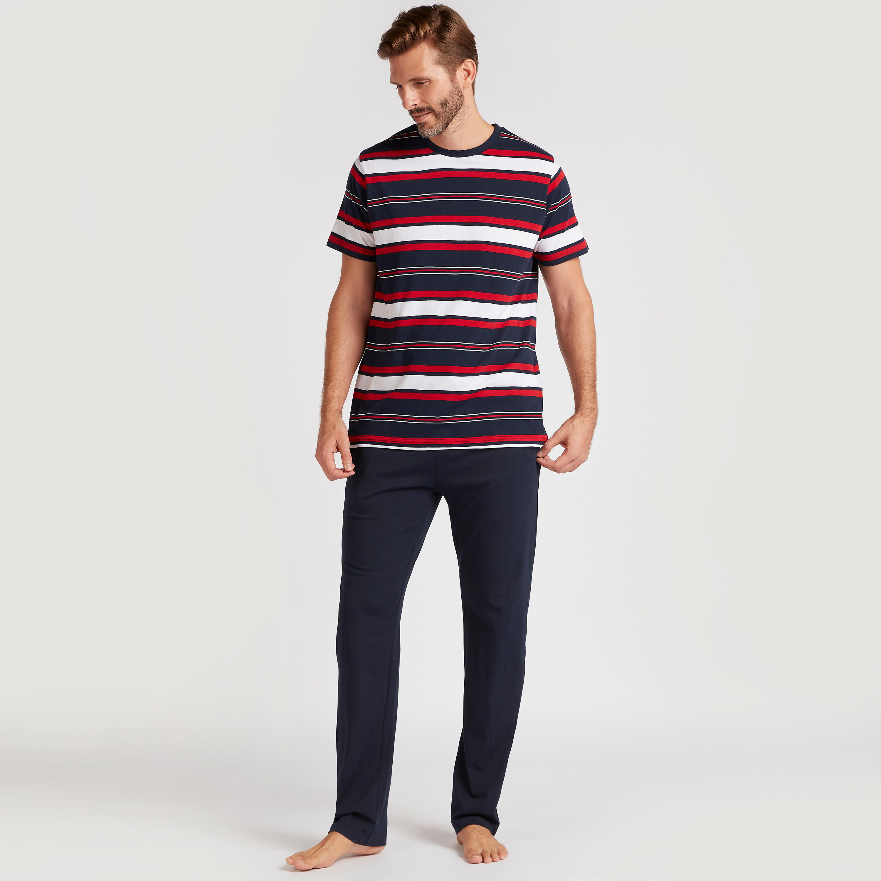 Striped Crew Neck T-shirt and Solid Pyjama Set-men-clothing-nightwear-sets-image-1