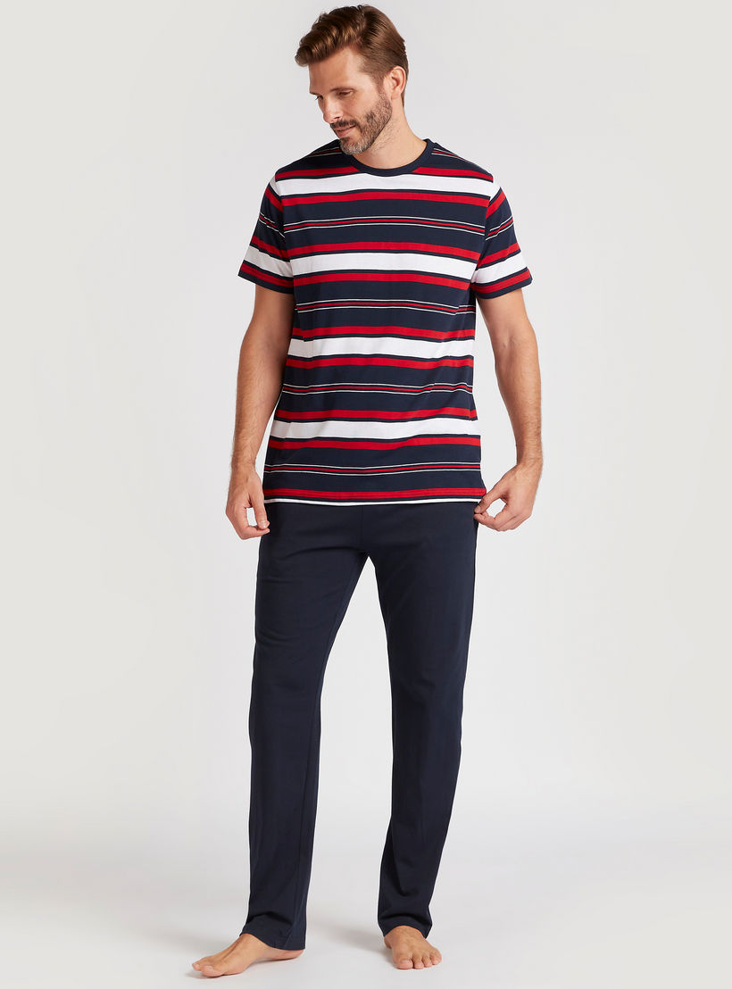 Striped Crew Neck T-shirt and Solid Pyjama Set-men-clothing-nightwear-sets-image-1
